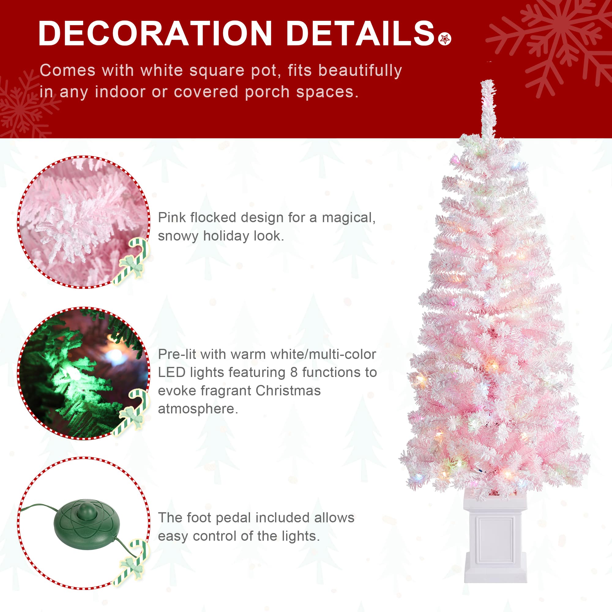 Glitzhome&#xAE; 5ft Pre-Lit Flocked Pink Artificial Christmas Porch Tree, Multi-color LED Lights
