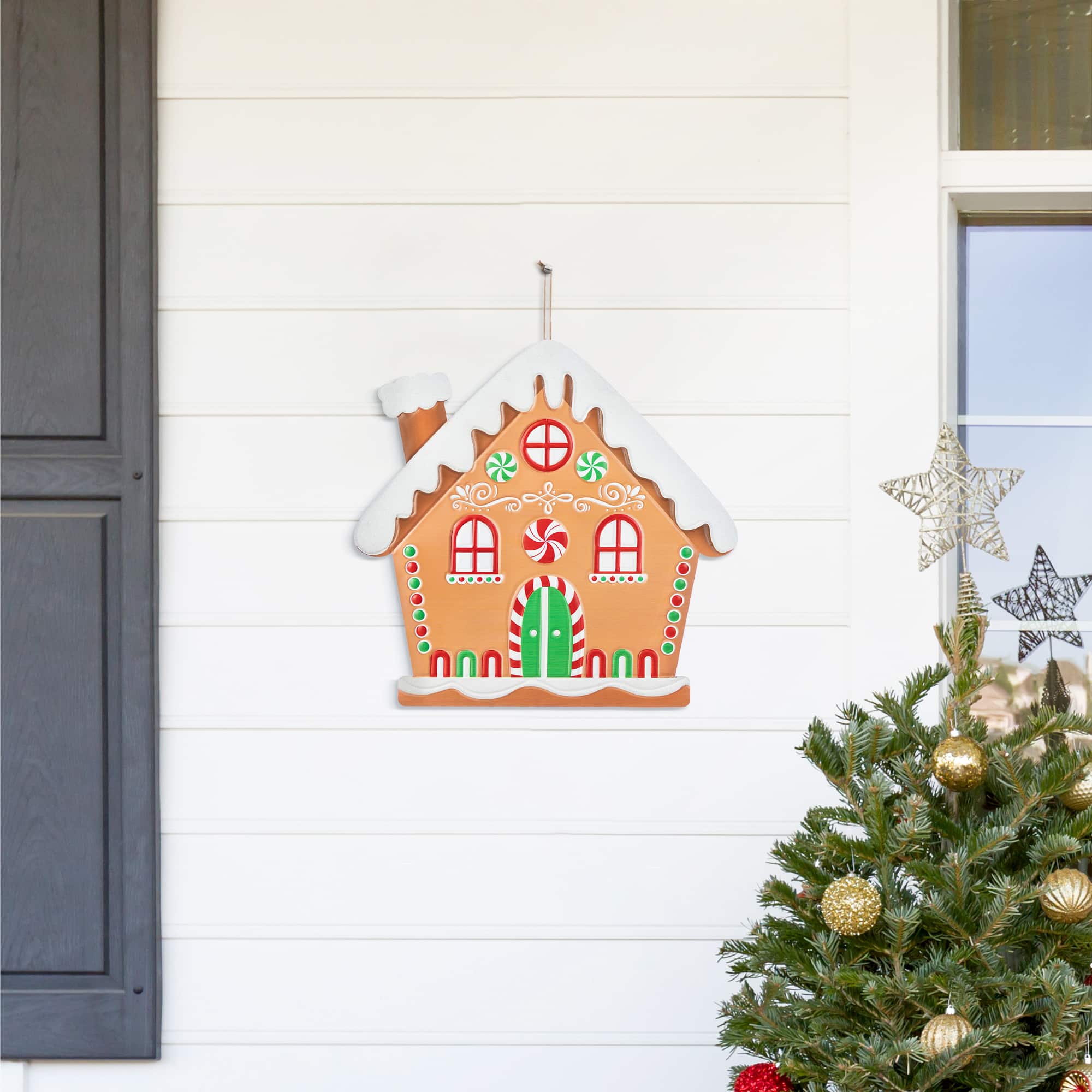 Glitzhome® 33" Metal Christmas Gingerbread House and Candy Cane Yard Stake Set