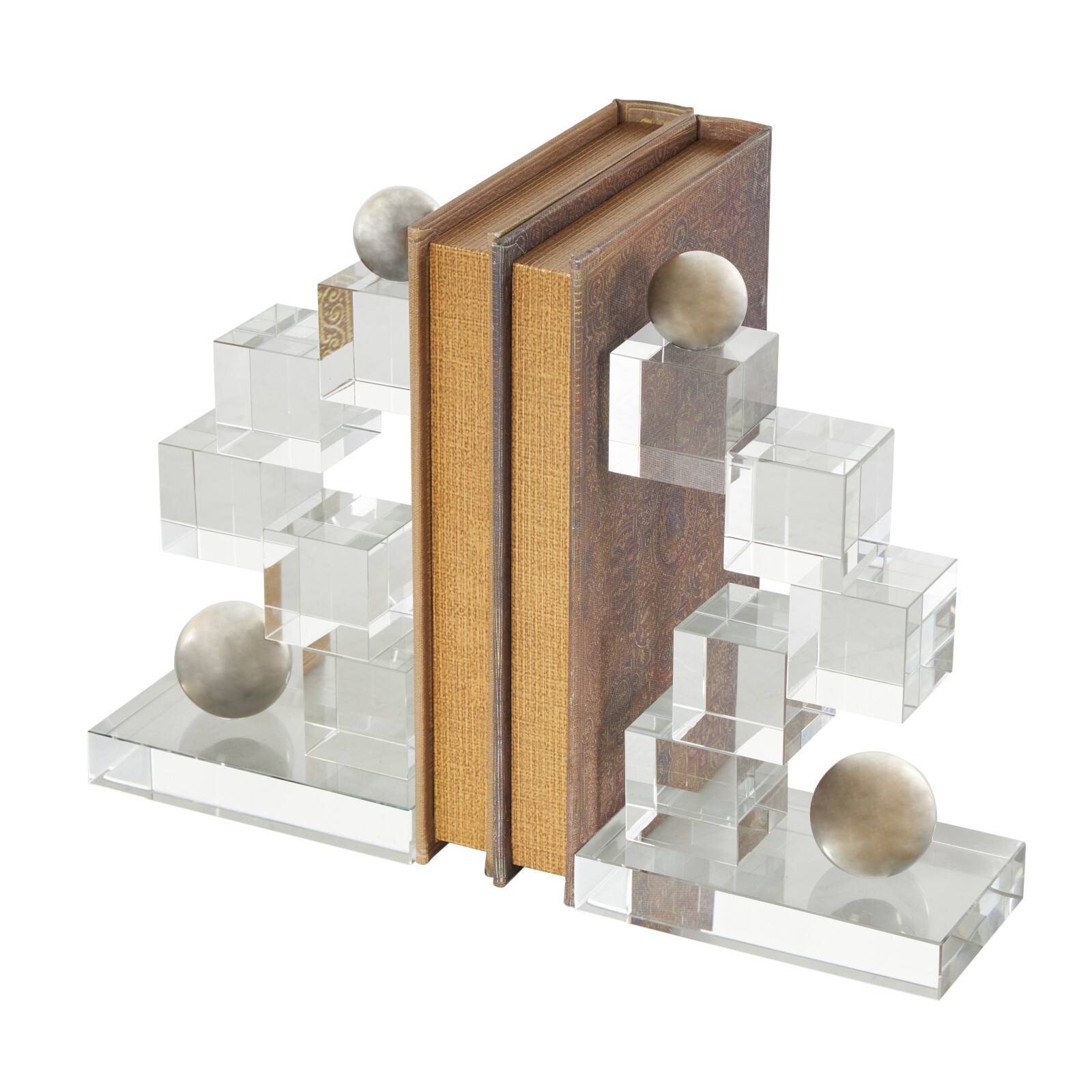 8.25" Clear Glass Stacked Squares Bookends with Silver Orbs, 2ct.