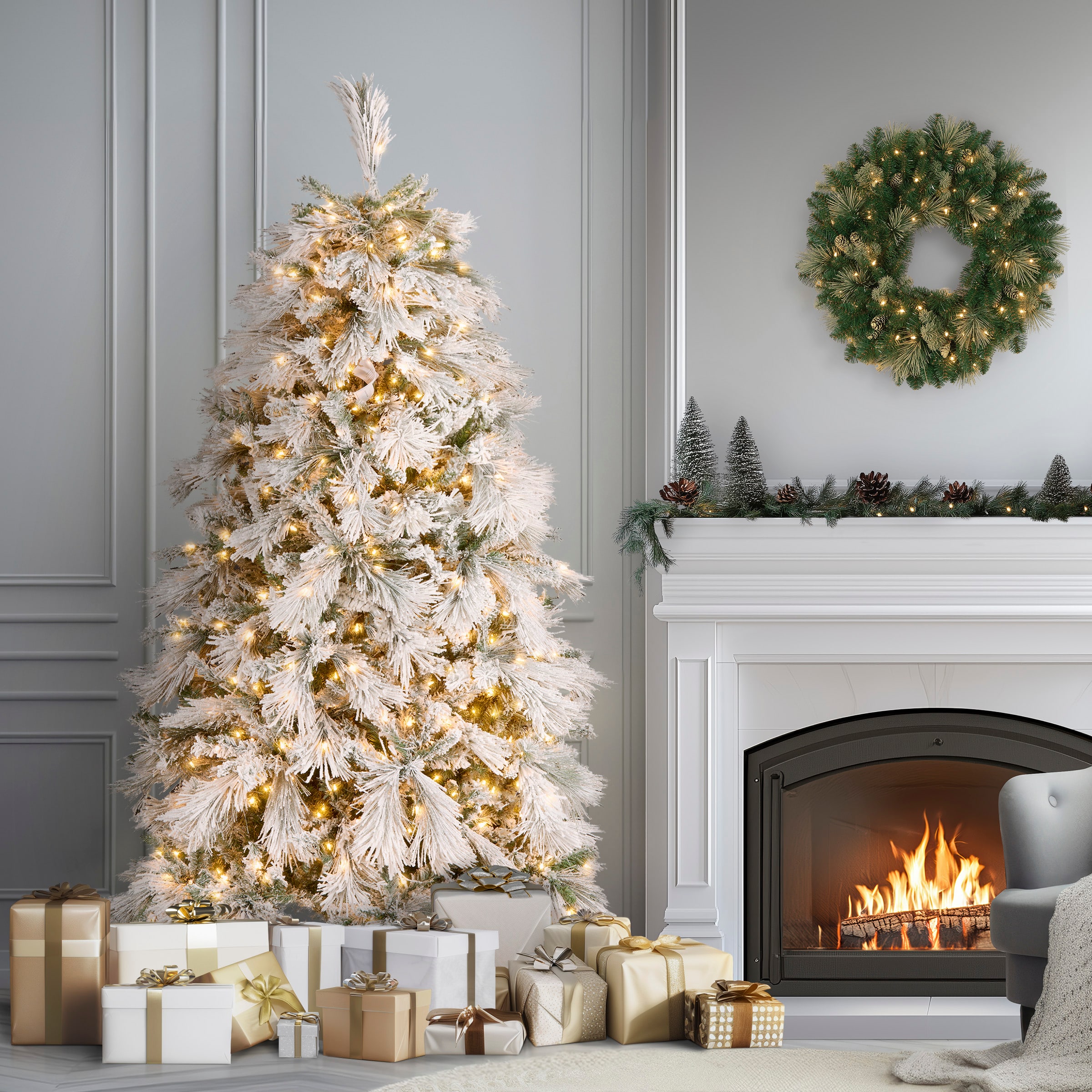 7.5ft. Pre-Lit Flocked Bavarian Pine Artificial Christmas Tree, Clear Lights