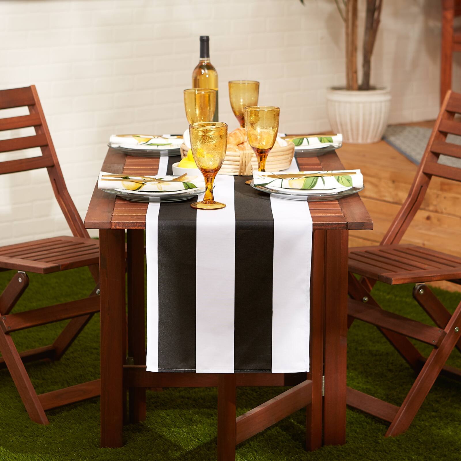 Black Cabana Stripe Print Outdoor Table Runner,, 14" x 72"