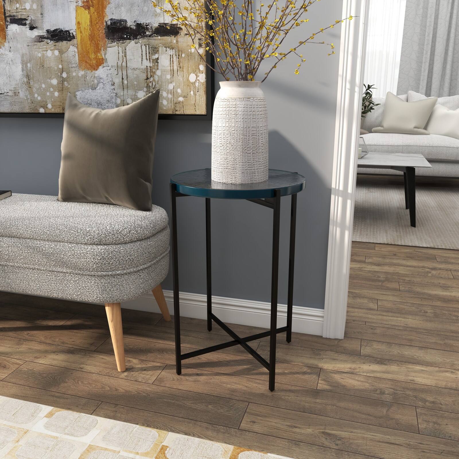 24&#x22; Metal X-Shaped Accent Table with Textured Glass Tabletop