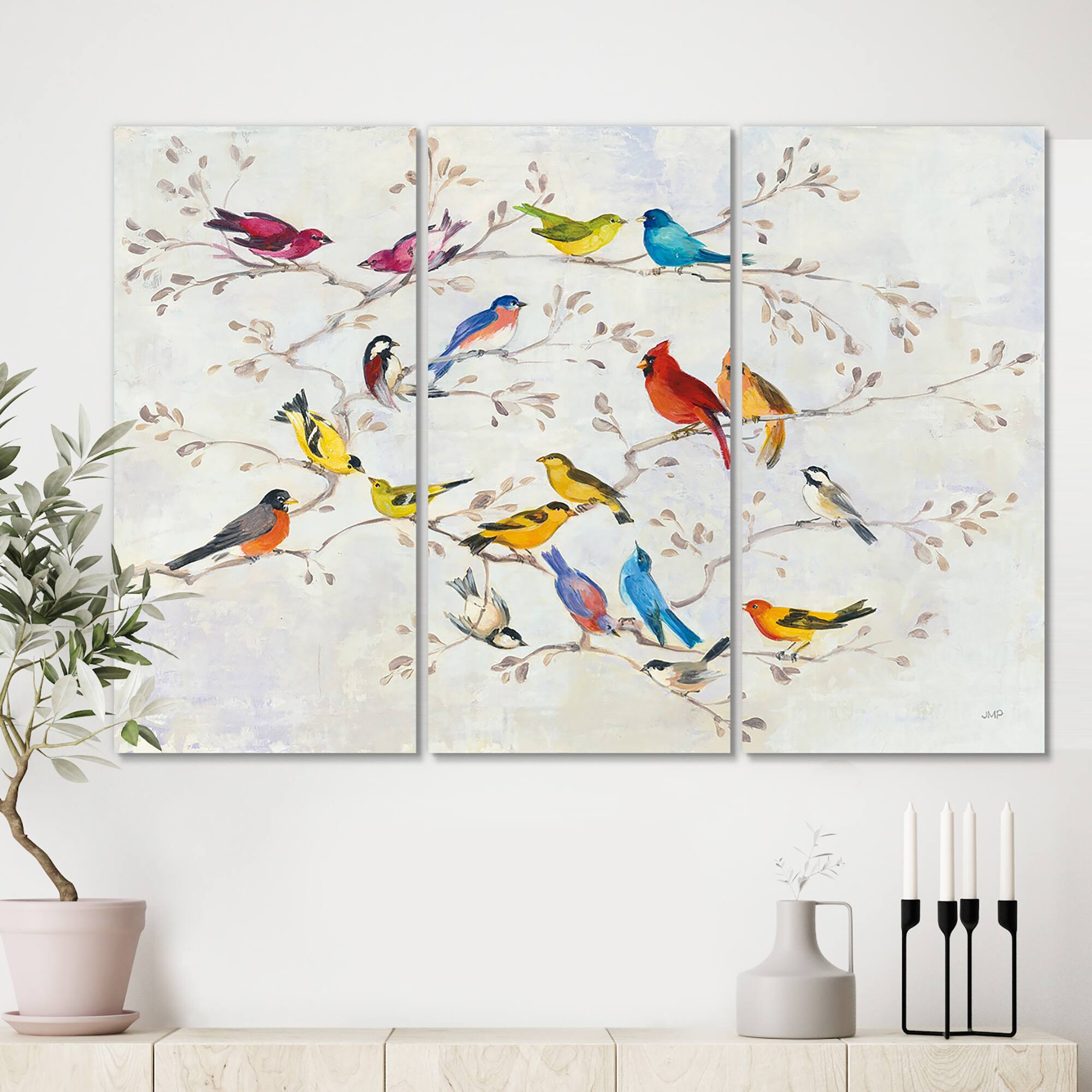 Designart - Multi-Color Bird on Tree - Modern Farmhouse Canvas Art
