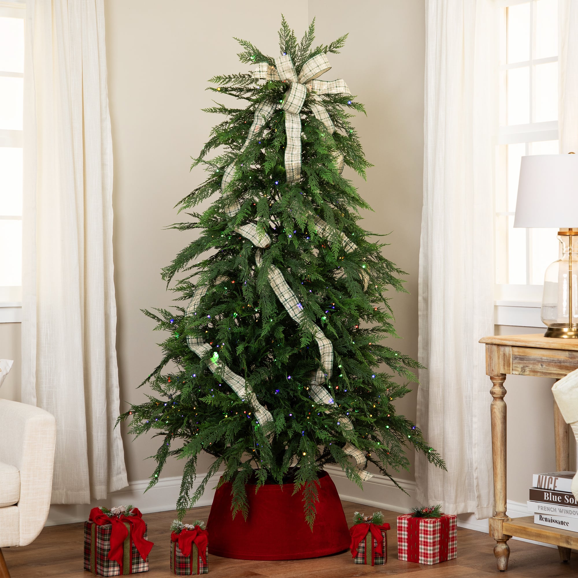 7.5ft. Pre-Lit Weeping Cedar IPT Artificial Christmas Tree, Dual Color LED Lights