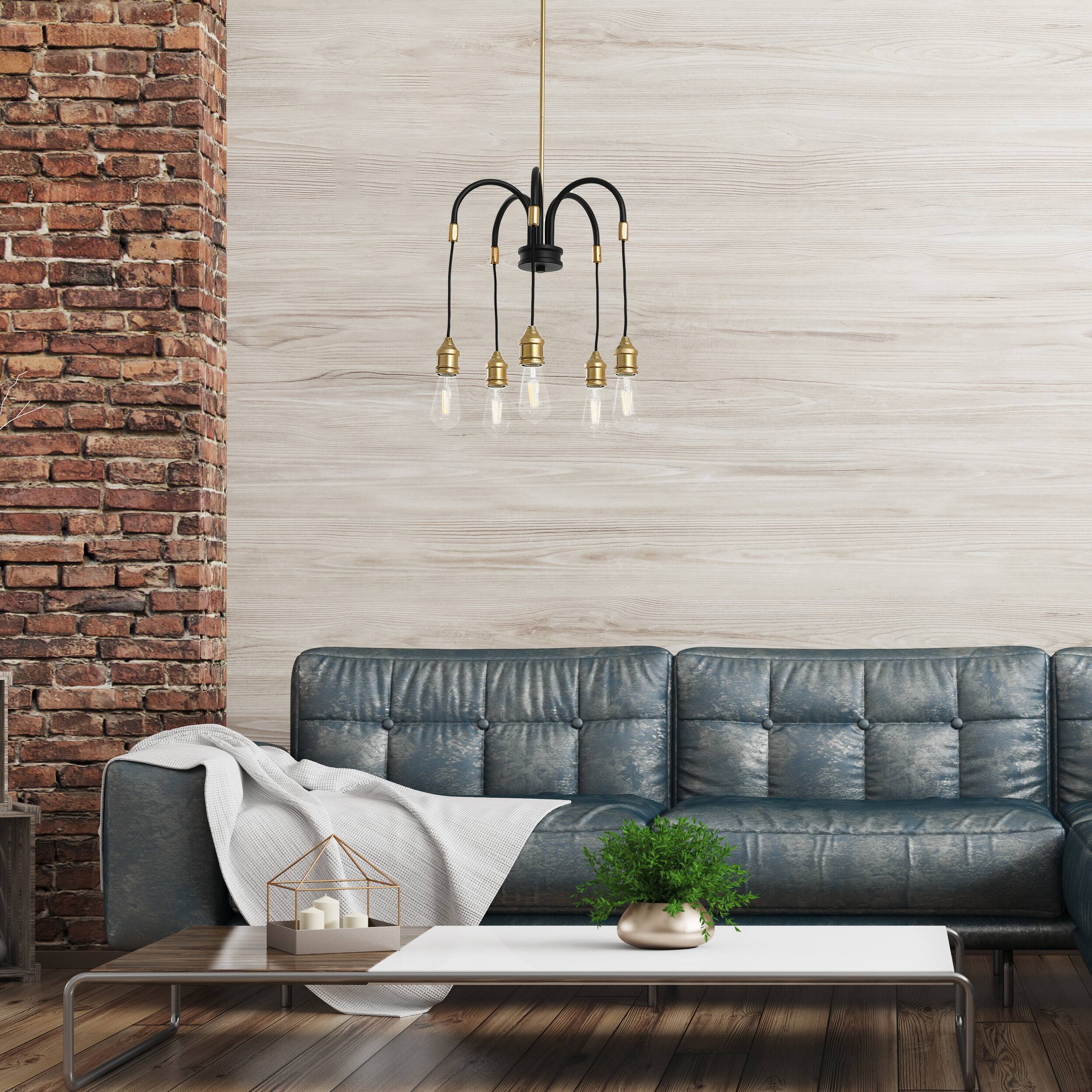 Hello Honey® Robert Stevenson Lighting Harper 19" Black and Brass 5-Light Exposed Bulb 2-Tone Metal Chandelier