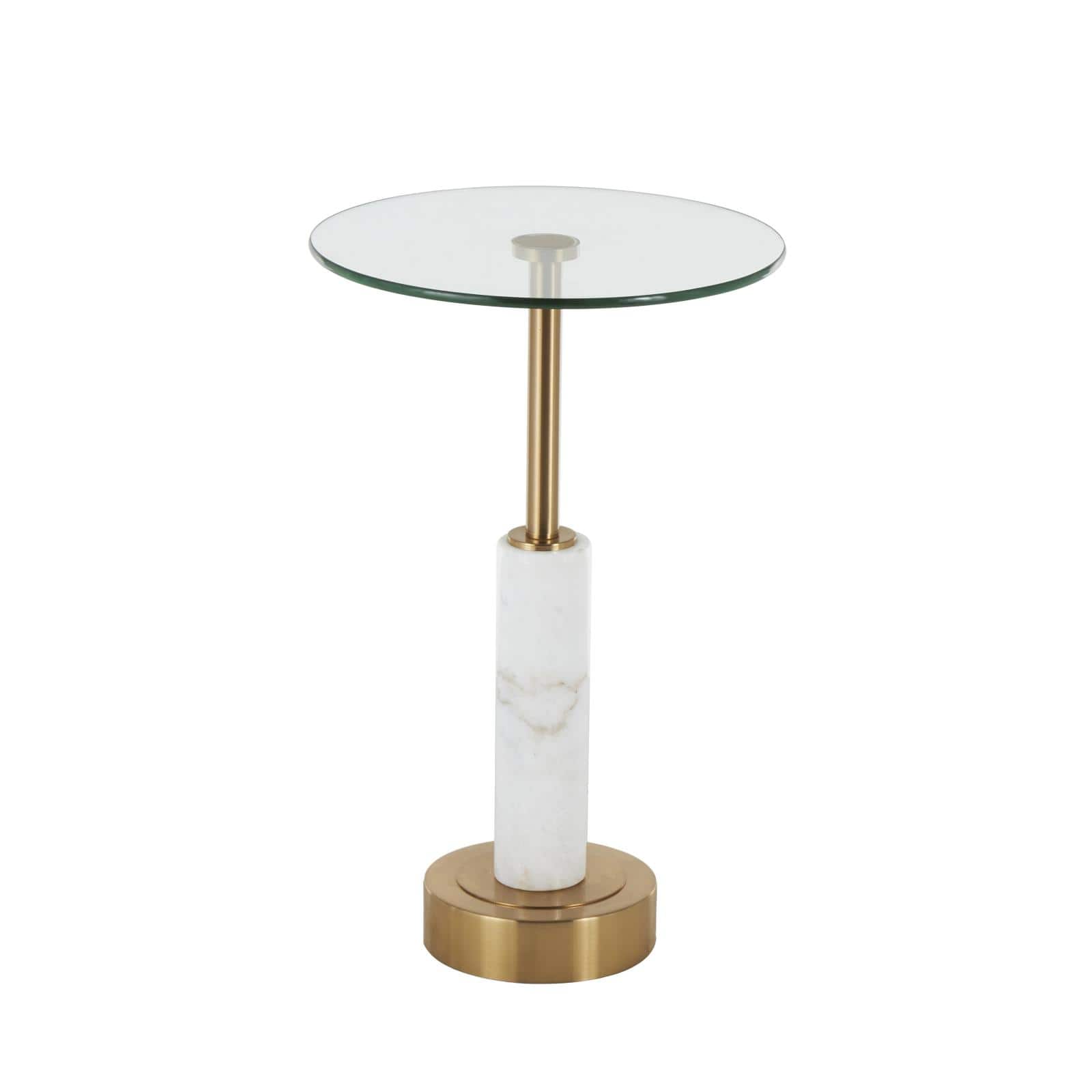 22" White Marble Round Accent Table with Gold Metal Rod & Base