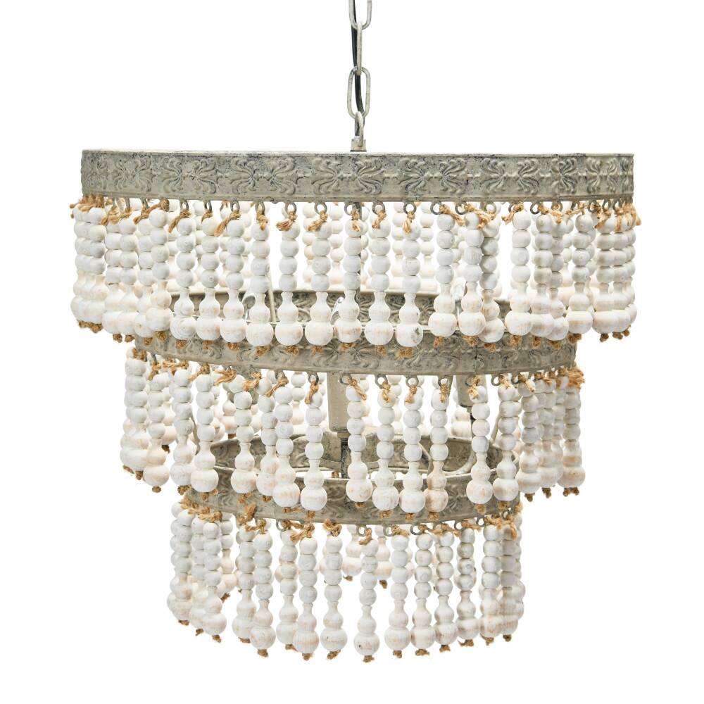 Hello Honey&#xAE; 20.5&#x22; Antique White 3-Tier Wood Bead Chandelier