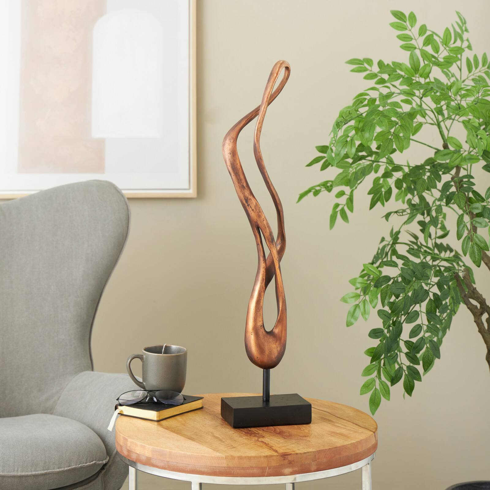 27.5" Bronze Polystone Abstract Decorative Sculpture with Rectangle Black Base