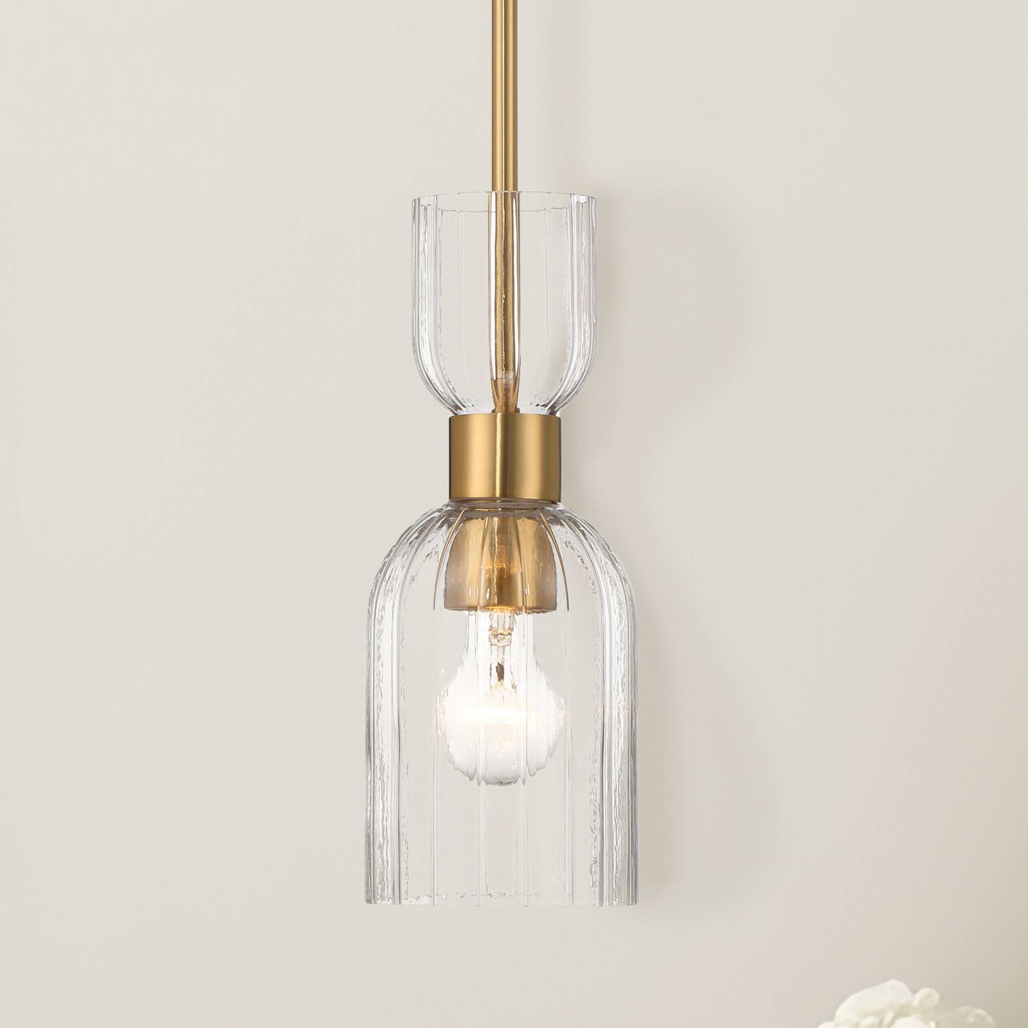 Hello Honey&#xAE; Josephine Brushed Gold Mid-Century Modern Metal &#x26; Clear Ribbed Glass Ceiling Light
