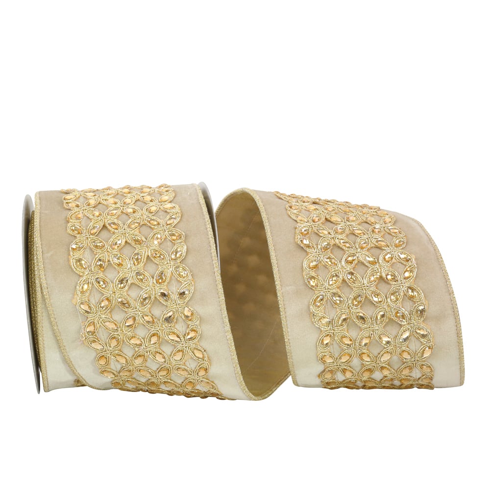 JAM Paper 4" x 5yd. Camel Beaded Plush Velvet Embroidery Wired Edge Ribbon