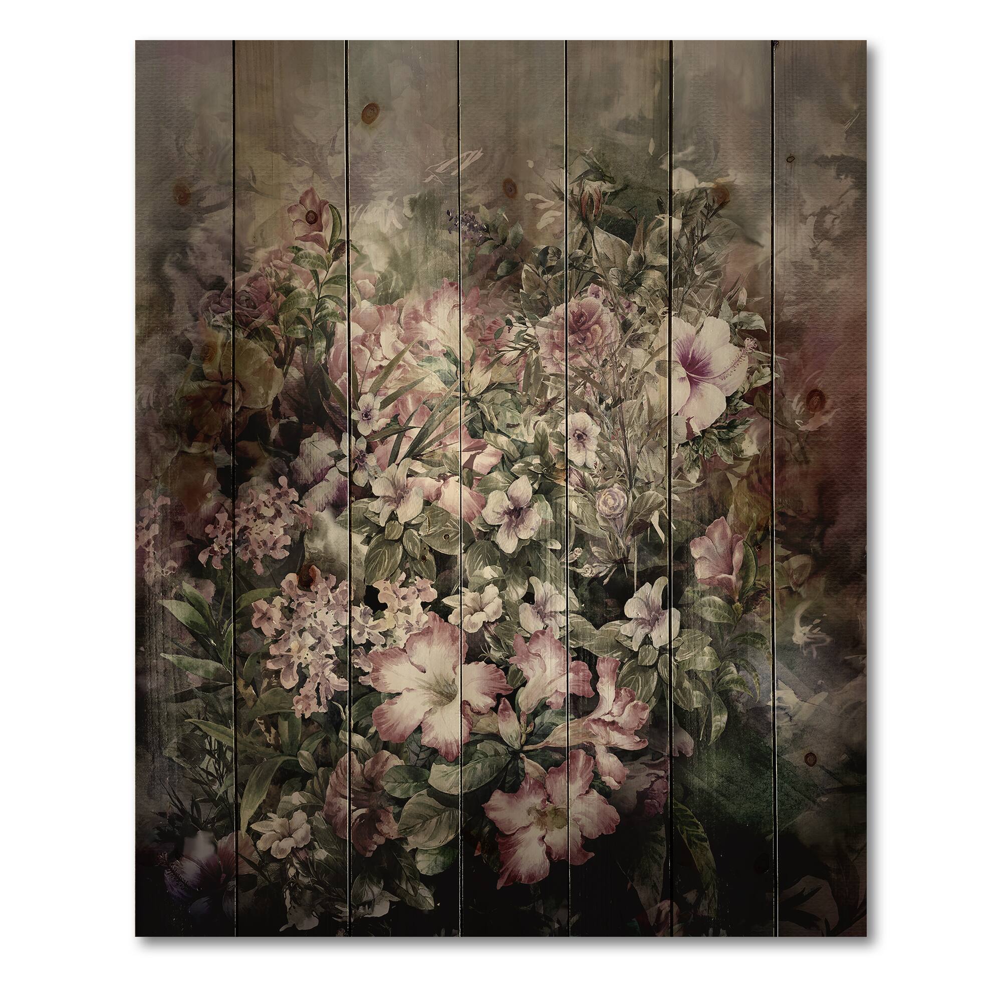 Designart - Retro Drawing of Flowers IV - Vintage Print on Natural Pine Wood