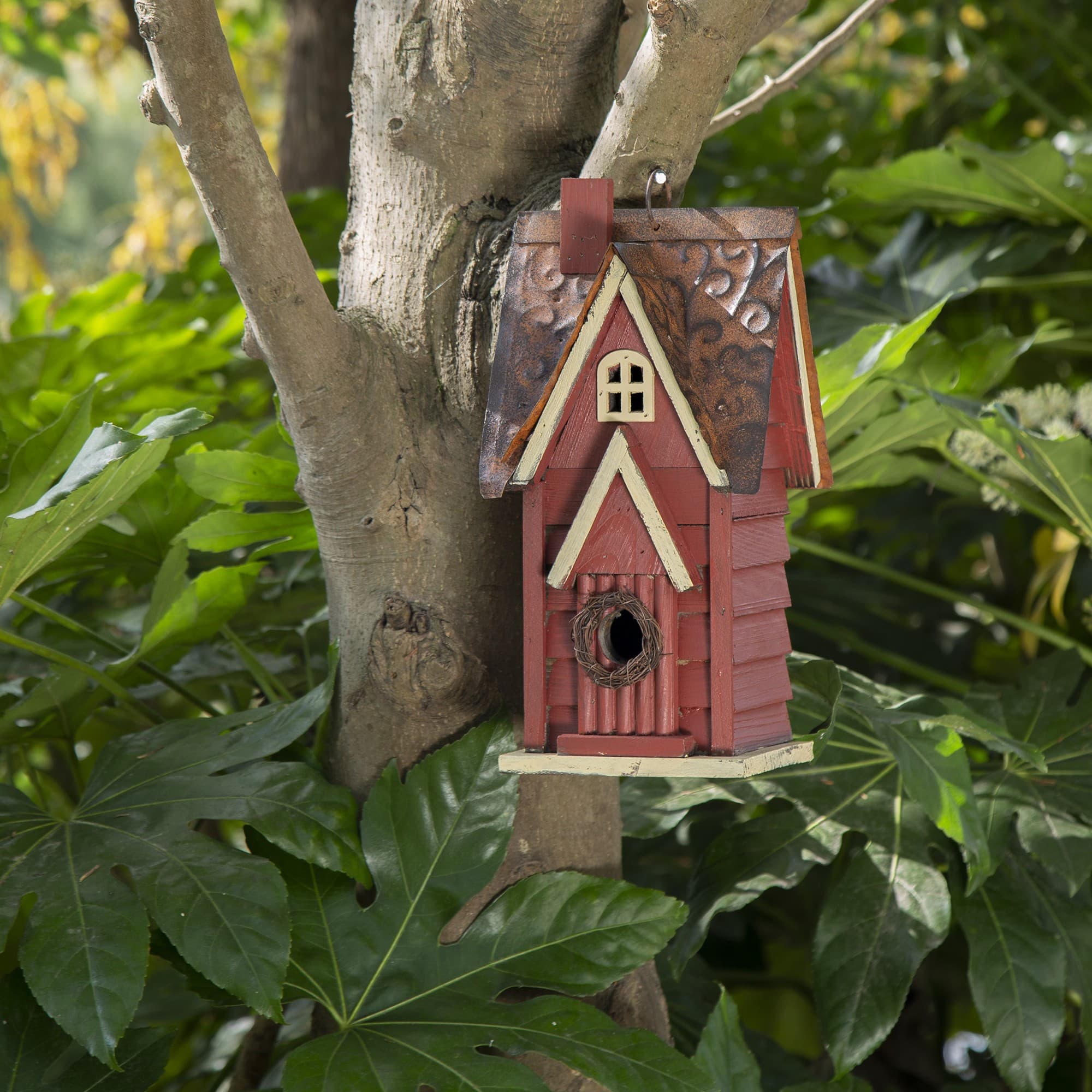 Glitzhome&#xAE; 12&#x22; Hanging Distressed Red Cottage Solid Wood Birdhouse