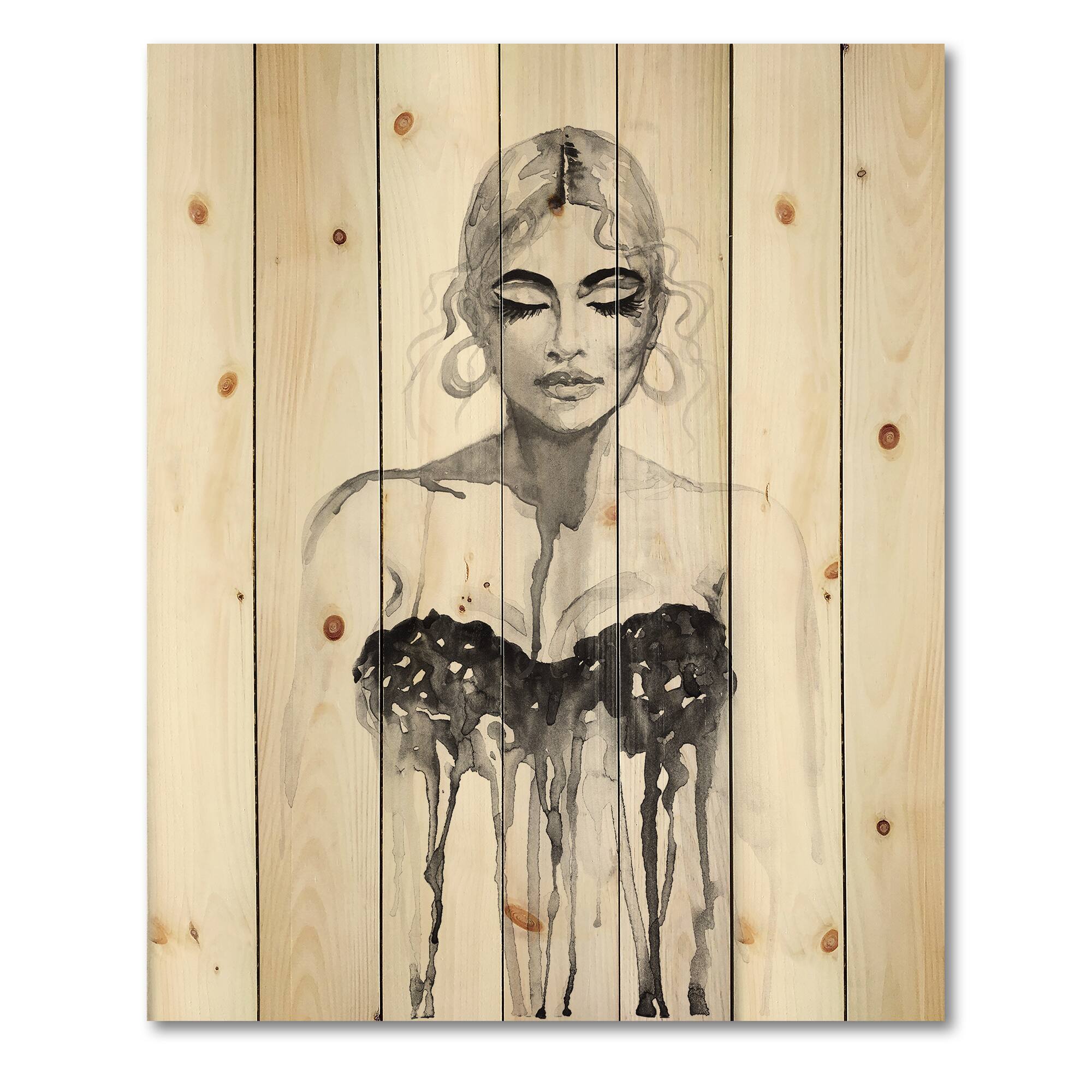 Designart - Monochrome Portrait of Woman Wearing Evening Dress - Modern Print on Natural Pine Wood