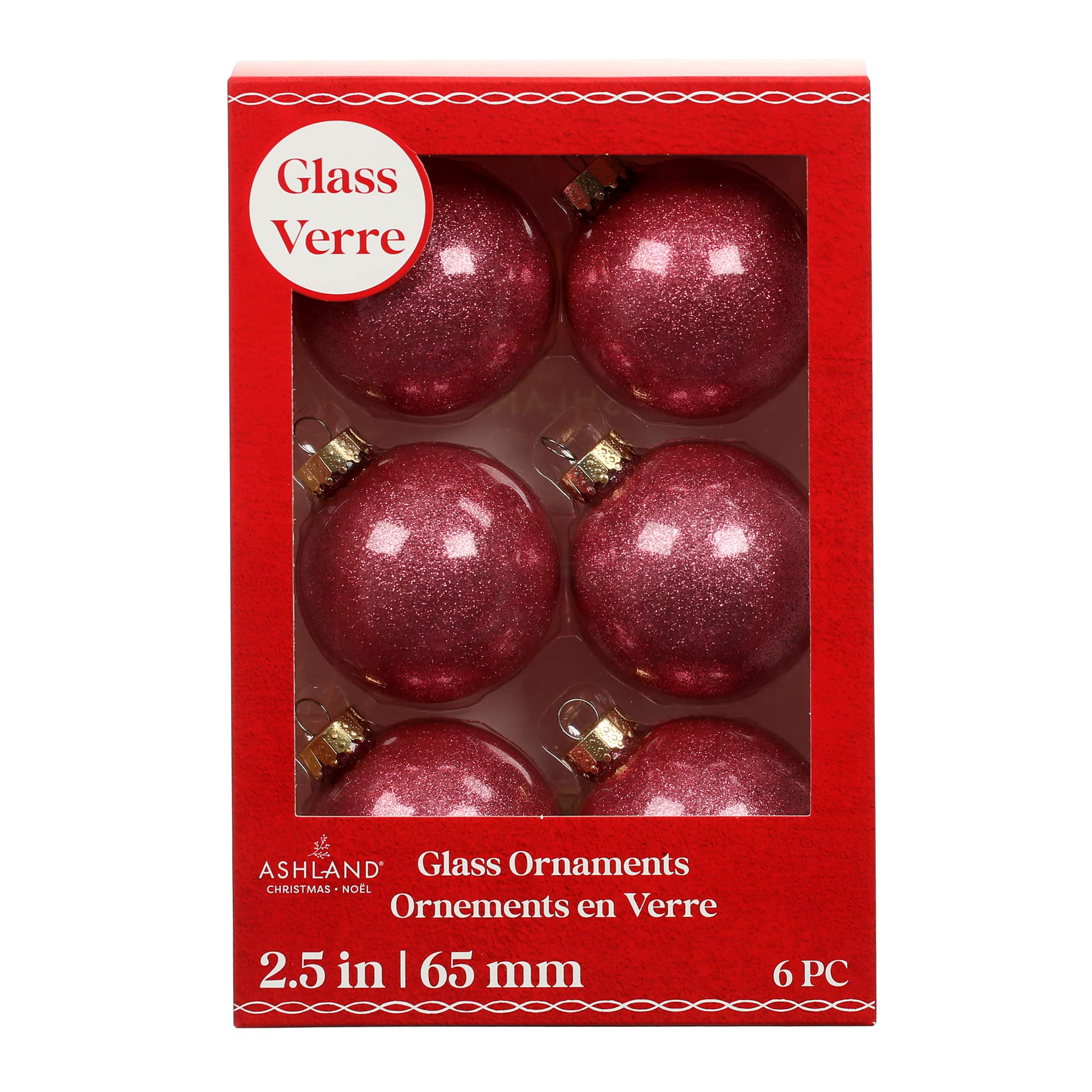 6 Pack 2.5&#x22; Dark Pink Glitter Glass Ball Ornaments by Ashland&#xAE;