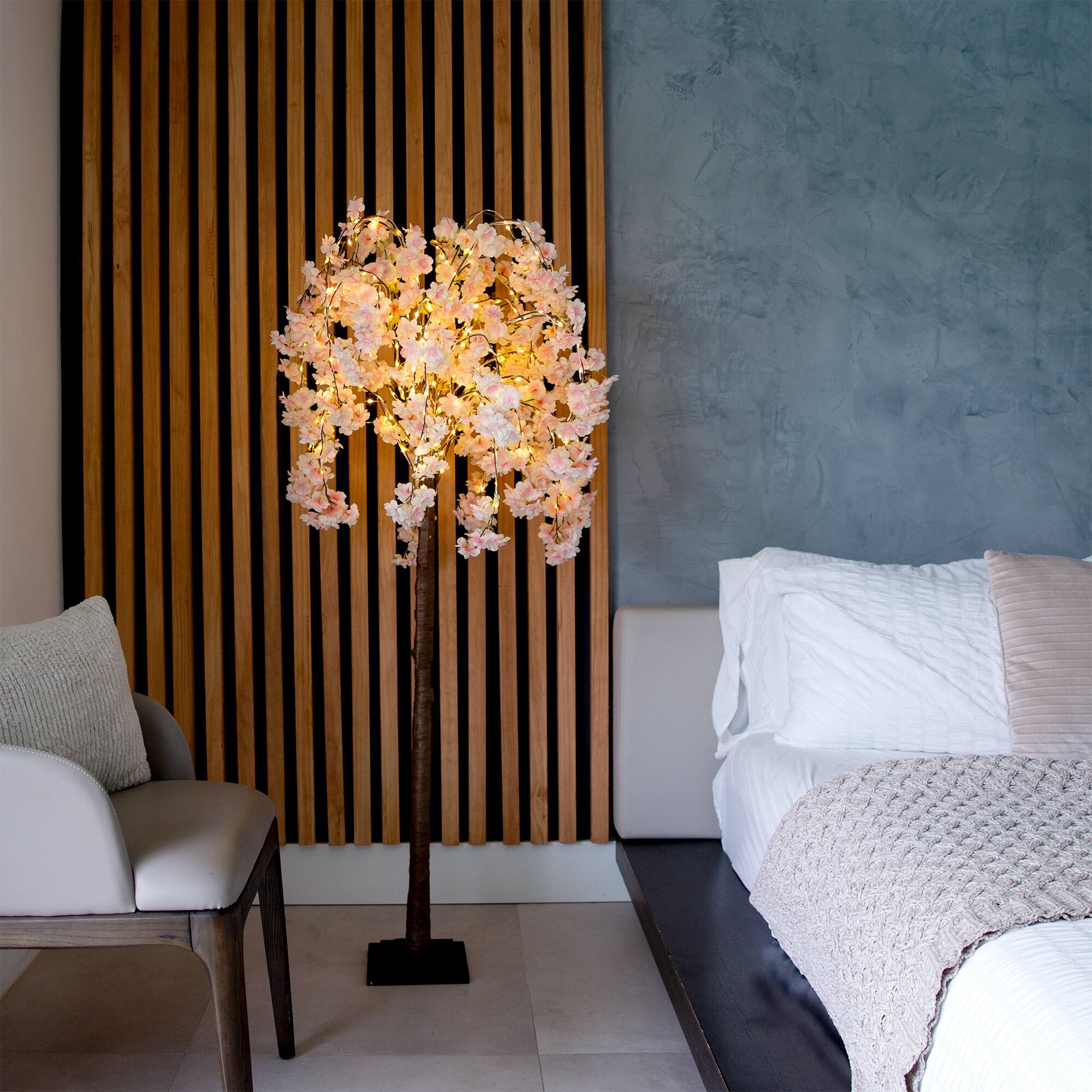 5ft. Pre-Lit Blossoming Pink Artificial Cascading Cherry Tree with Warm White LED Lights