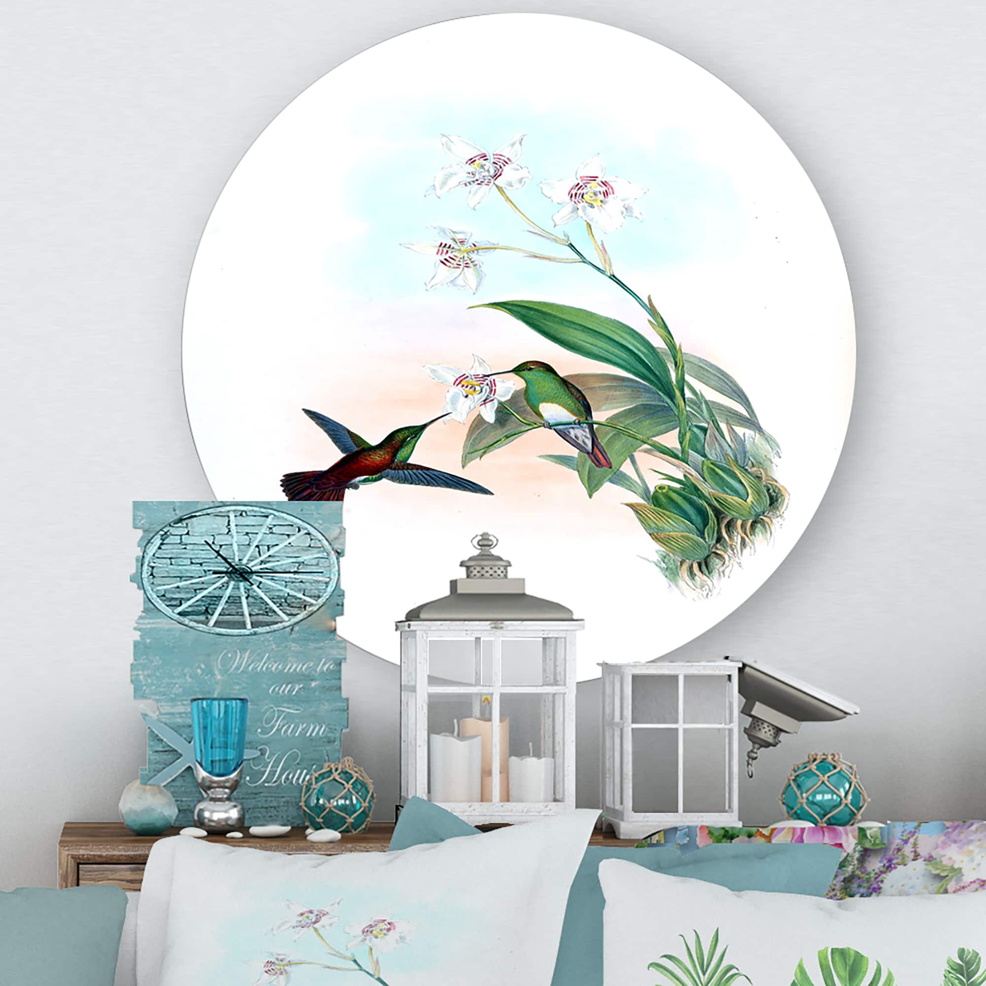 Designart - Vintage Hummingbird Flying To A Flower - Traditional Metal Circle Wall Art