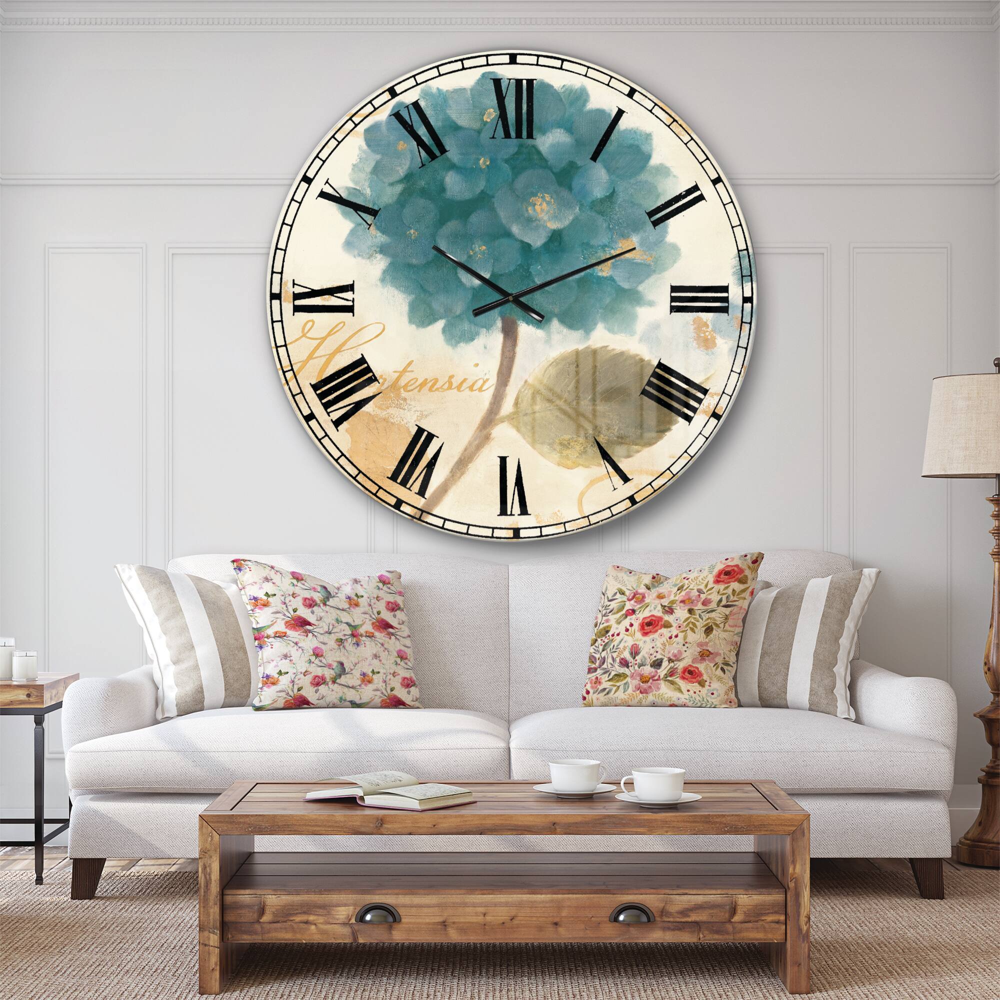 Designart &#x27;Blue Cottage Flower Hydrangea I Farmhouse Wall Clock