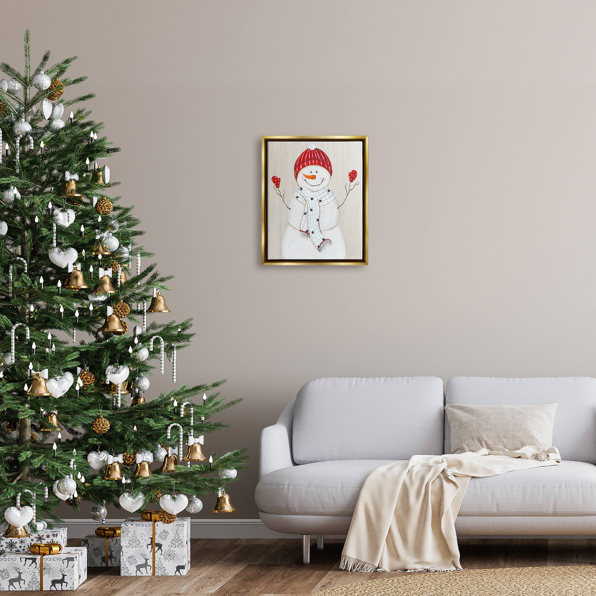 Stupell Industries Seasonal Snowman Smiling Red Hat Framed Floater Canvas Wall Art