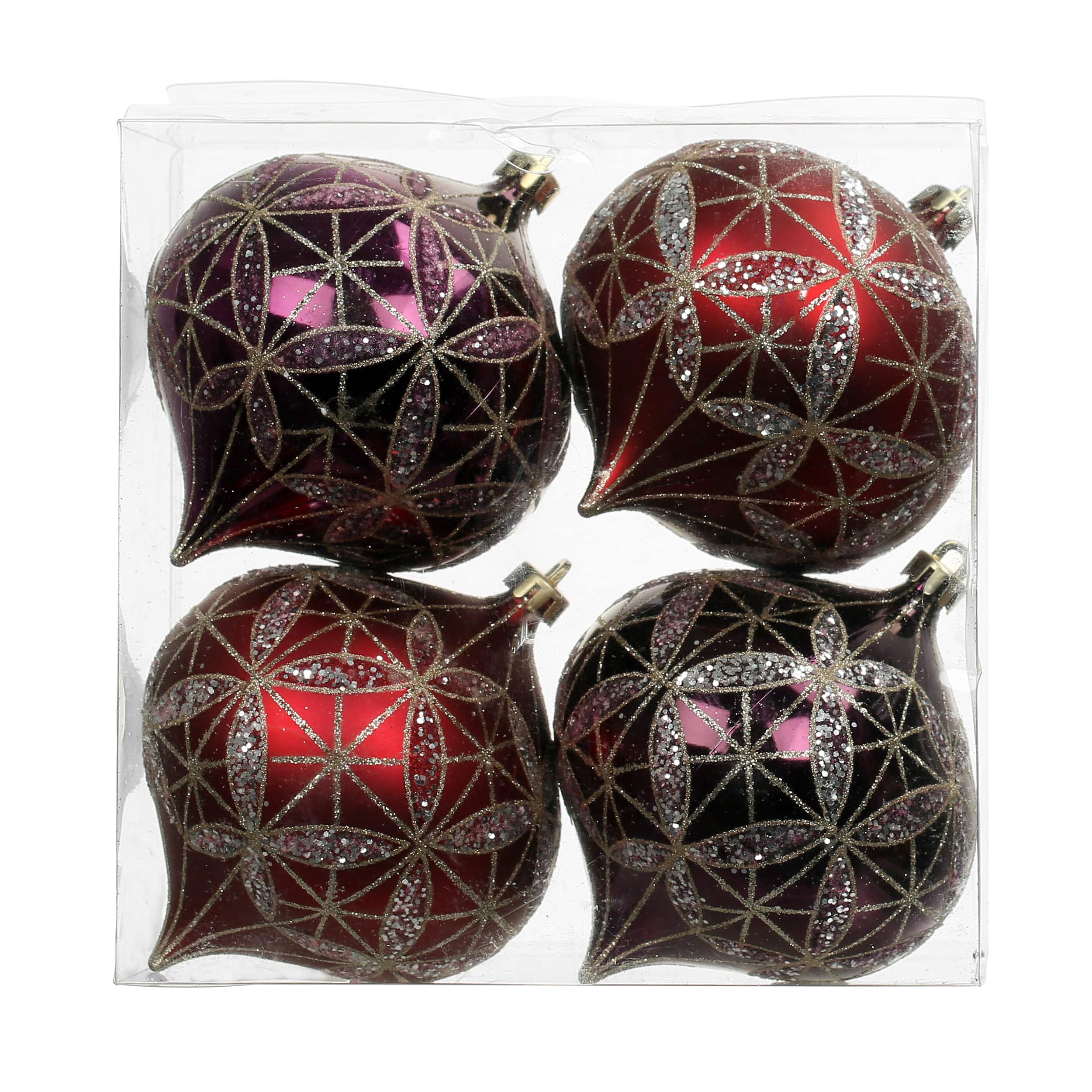 4 Pack 4.7&#x22; Purple &#x26; Red Glittered Geometric Shatterproof Onion Ornaments by Ashland&#xAE;
