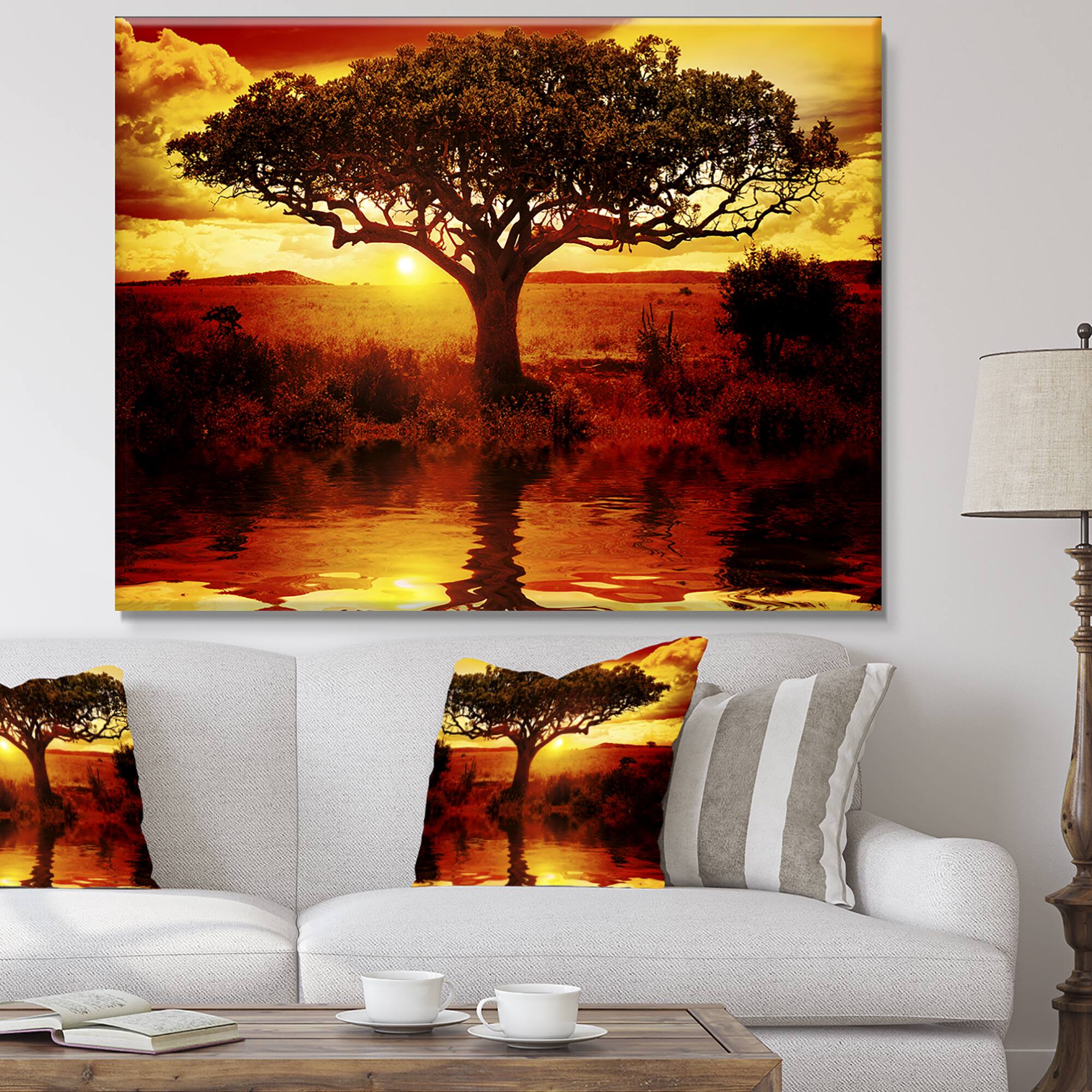 Designart - Lonely Tree in African Sunset - Oversized African Landscape Canvas Art