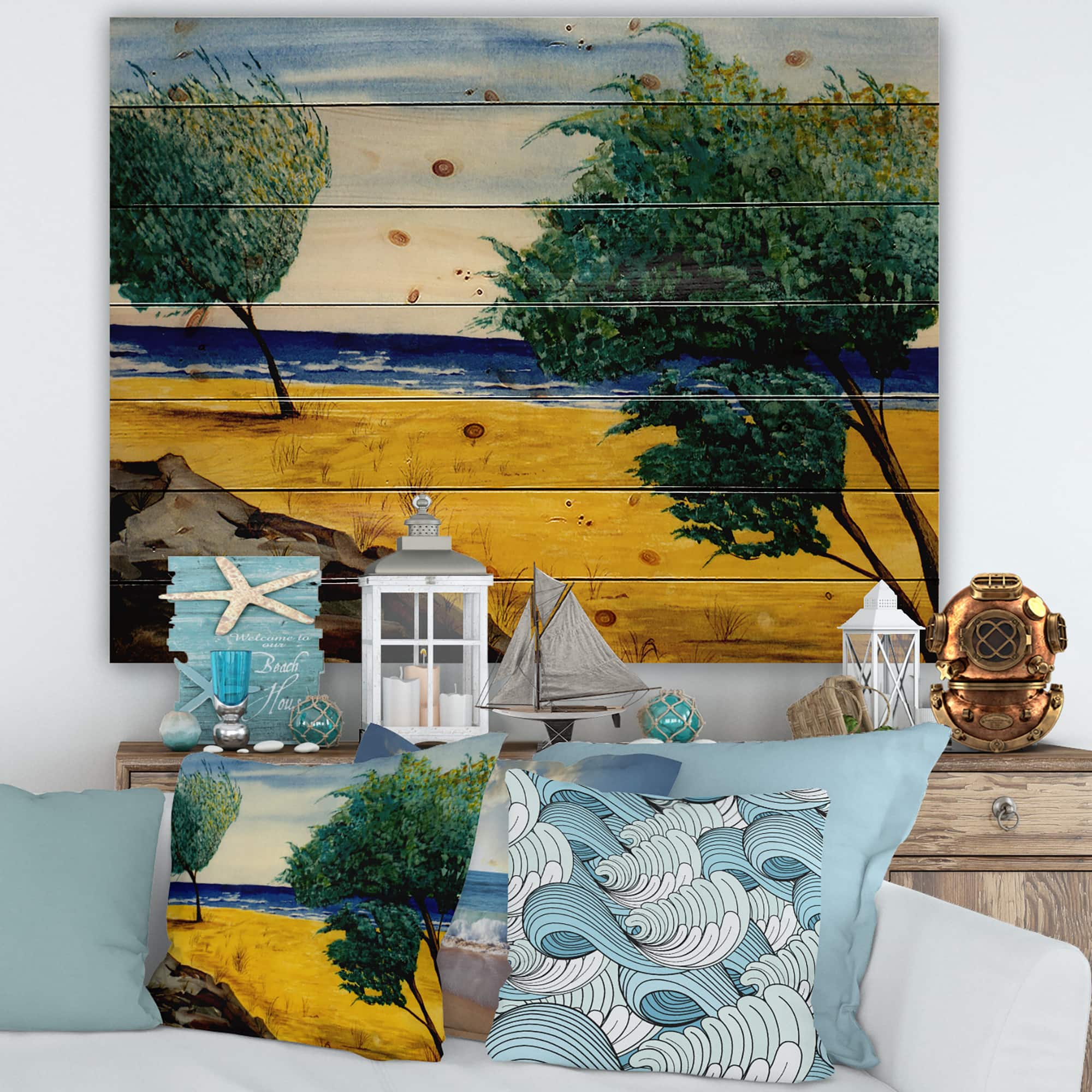 Designart - Orange Beach By The Coastline - Nautical &#x26; Coastal Print on Natural Pine Wood