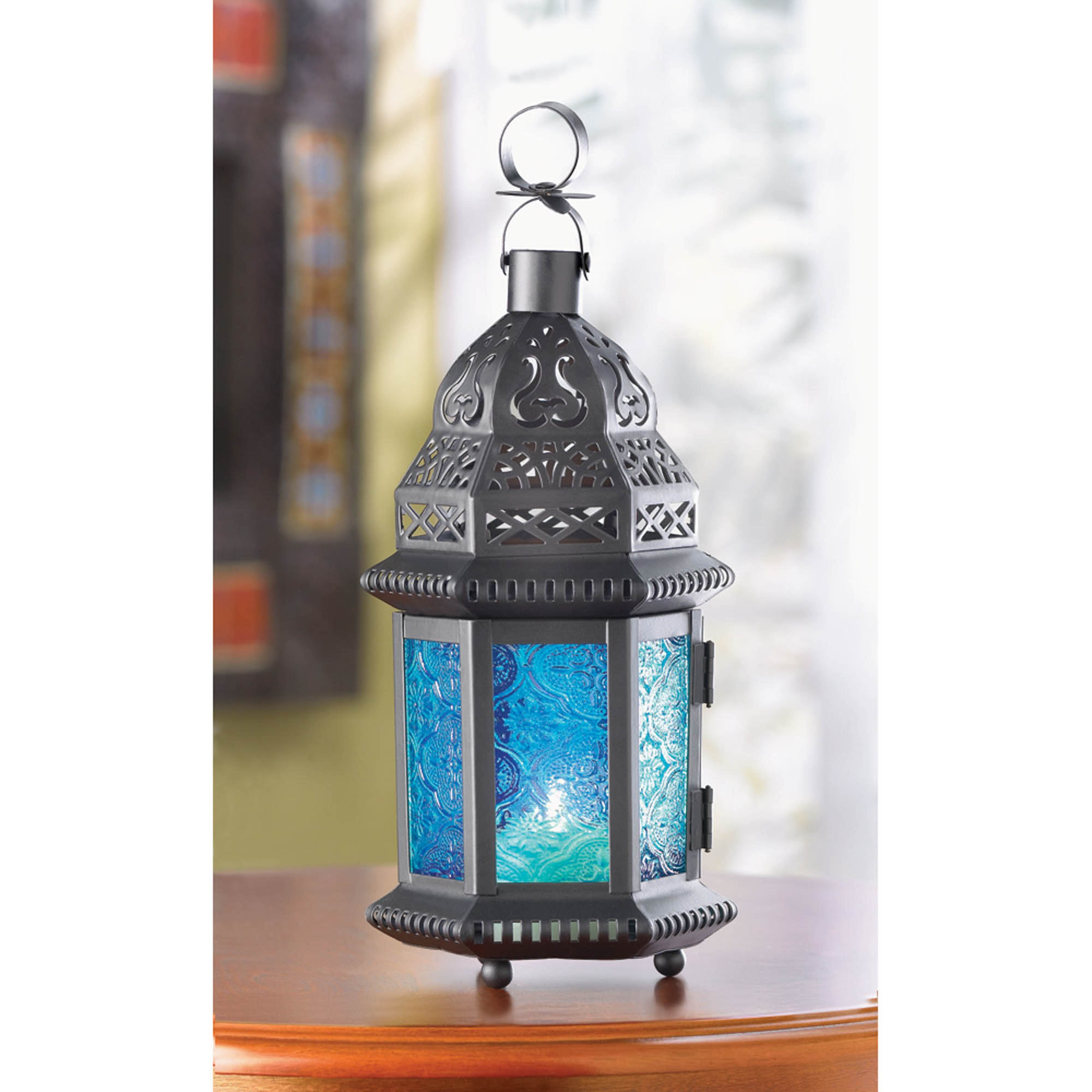 10&#x22; Black Moroccan Style Hanging Candle Lantern with Etched Blue Glass