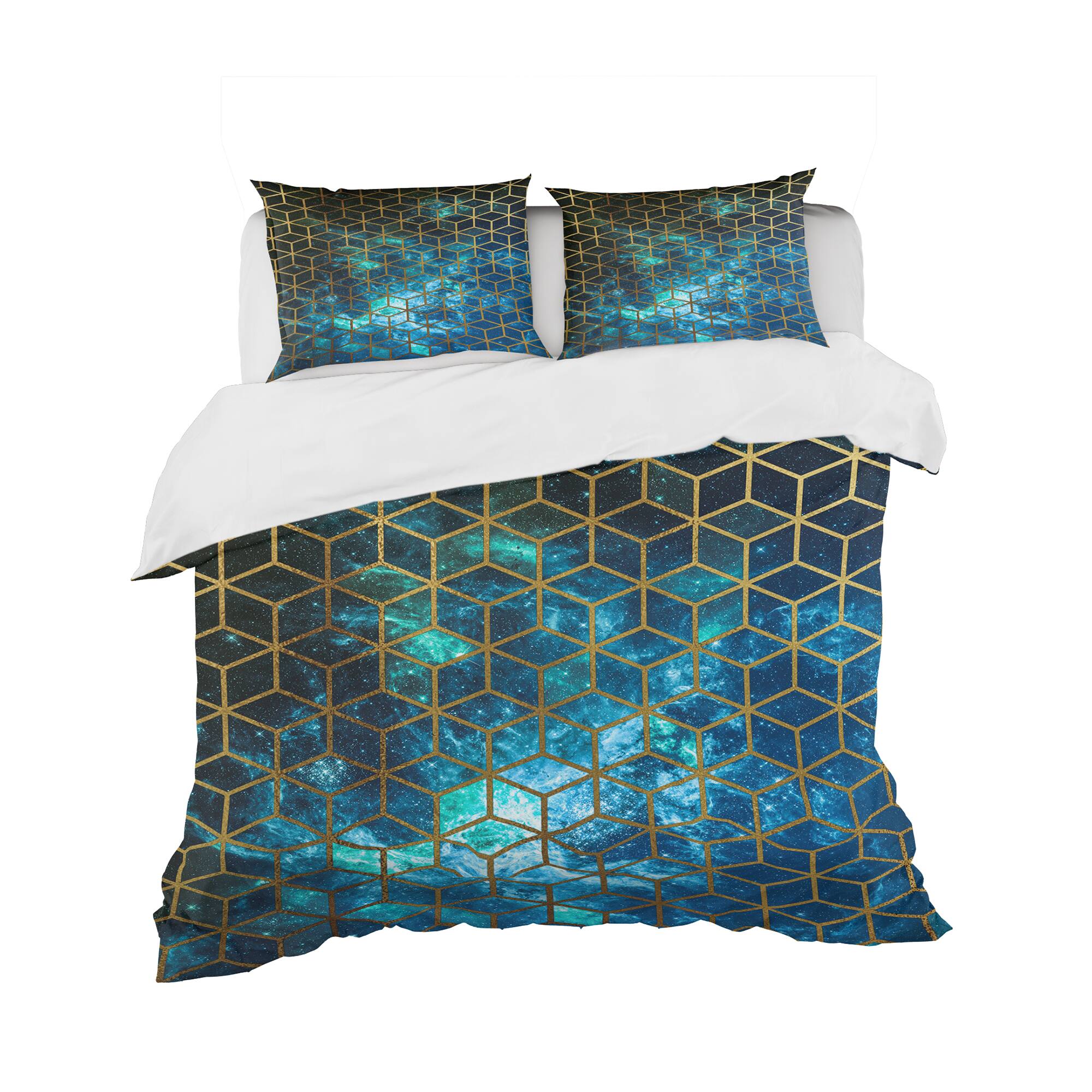 Designart 'Yellow Cubes over Blue Cosmic Background' Modern & Contemporary Bedding Set - Duvet Cover & Shams