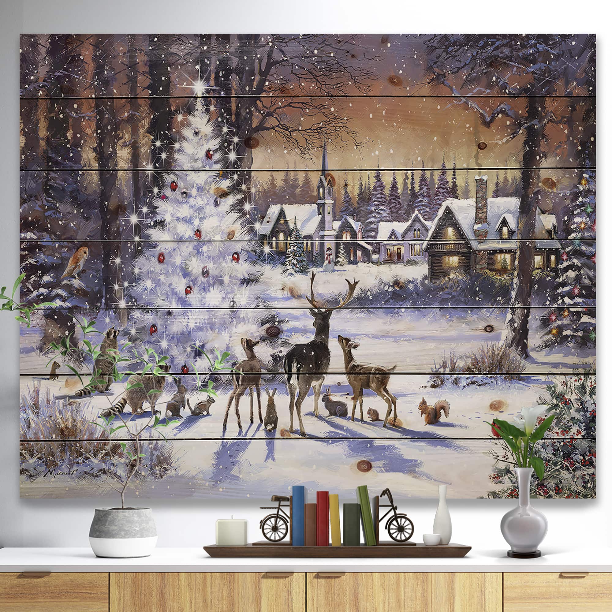 Designart Christmas Woods with Deer, Buck &#x26; Owl Print on Pine Wood