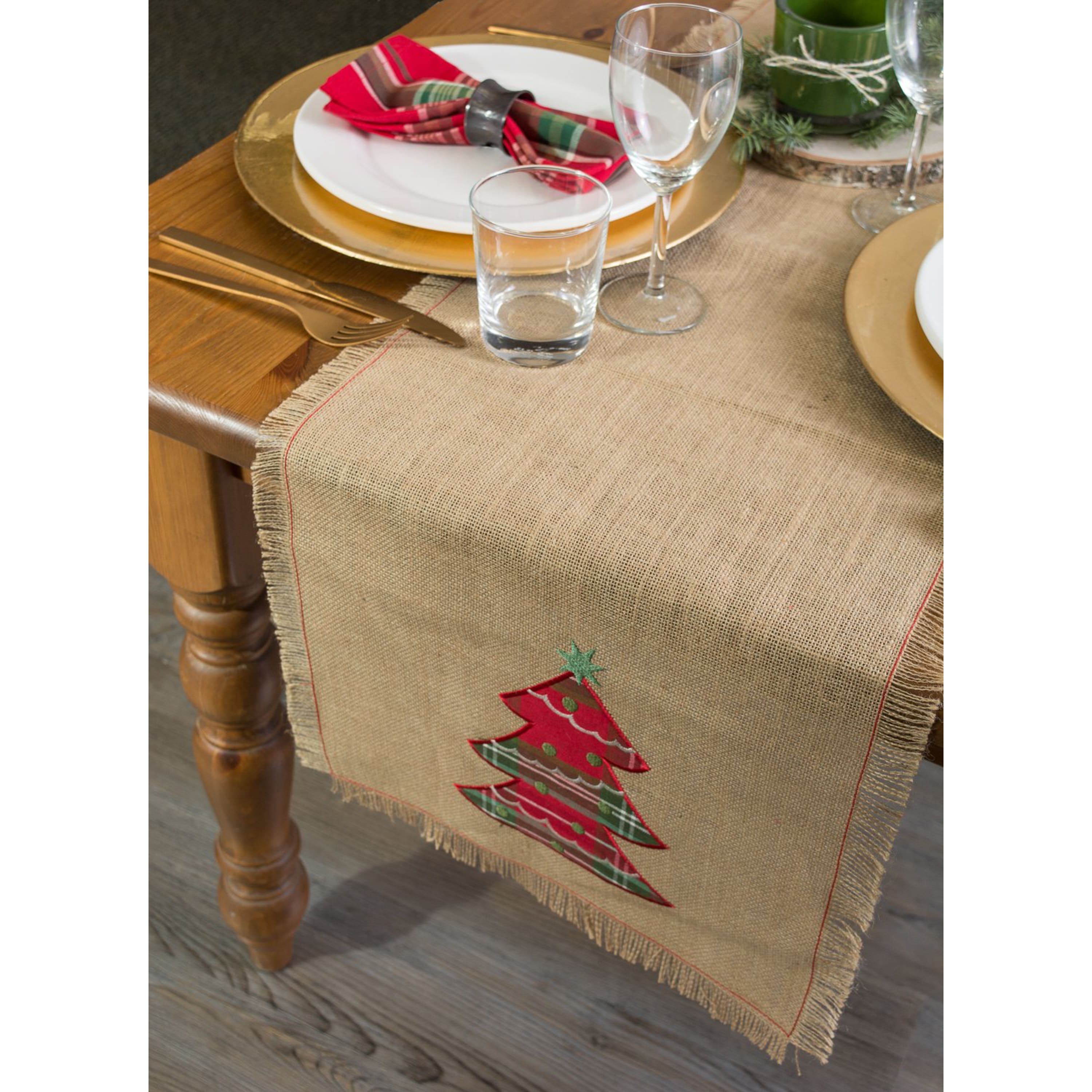 DII&#xAE; 72&#x22; Embroidered Tree Burlap Table Runner