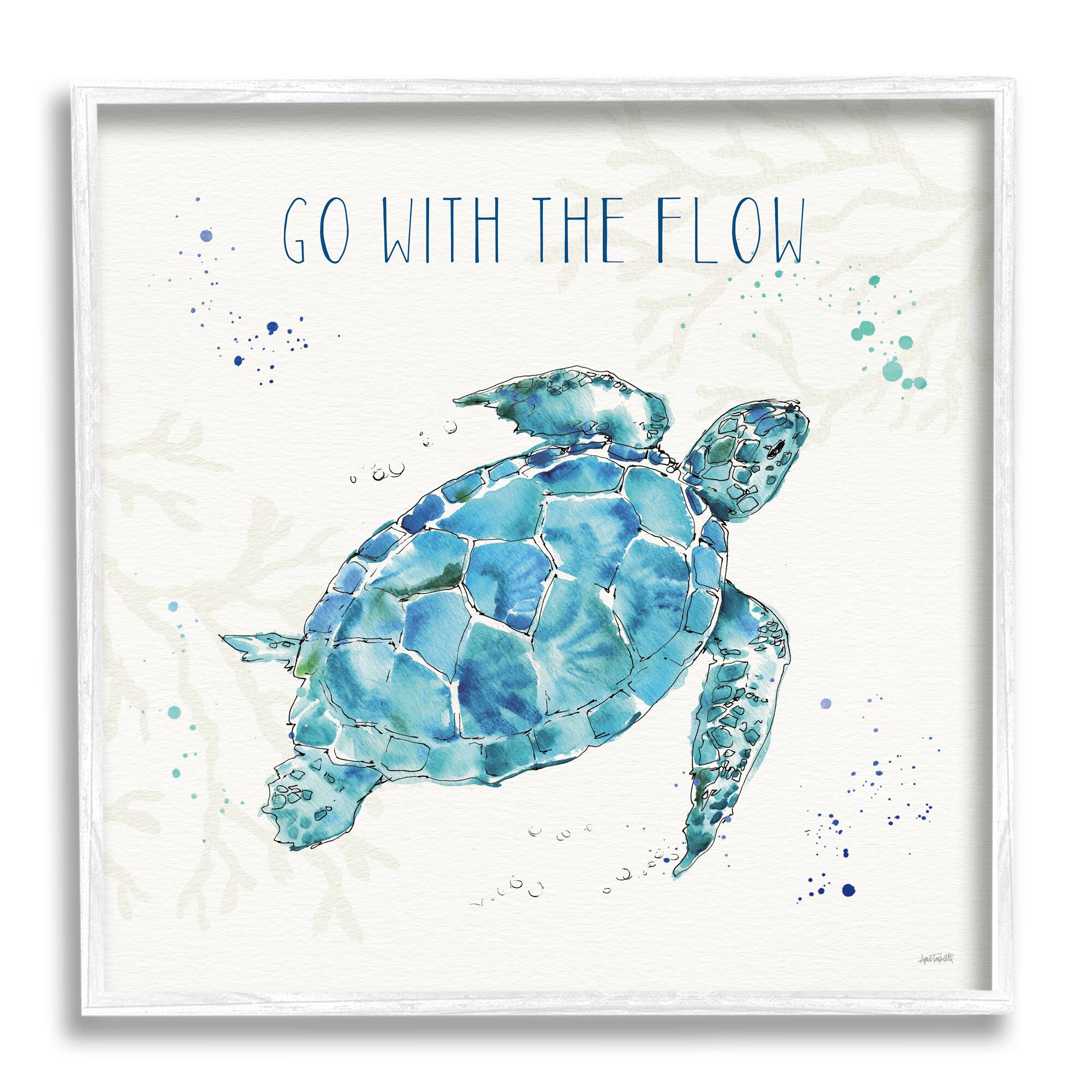 Stupell Industries Go with the Flow Turtle Watercolor Wall Art in White Frame