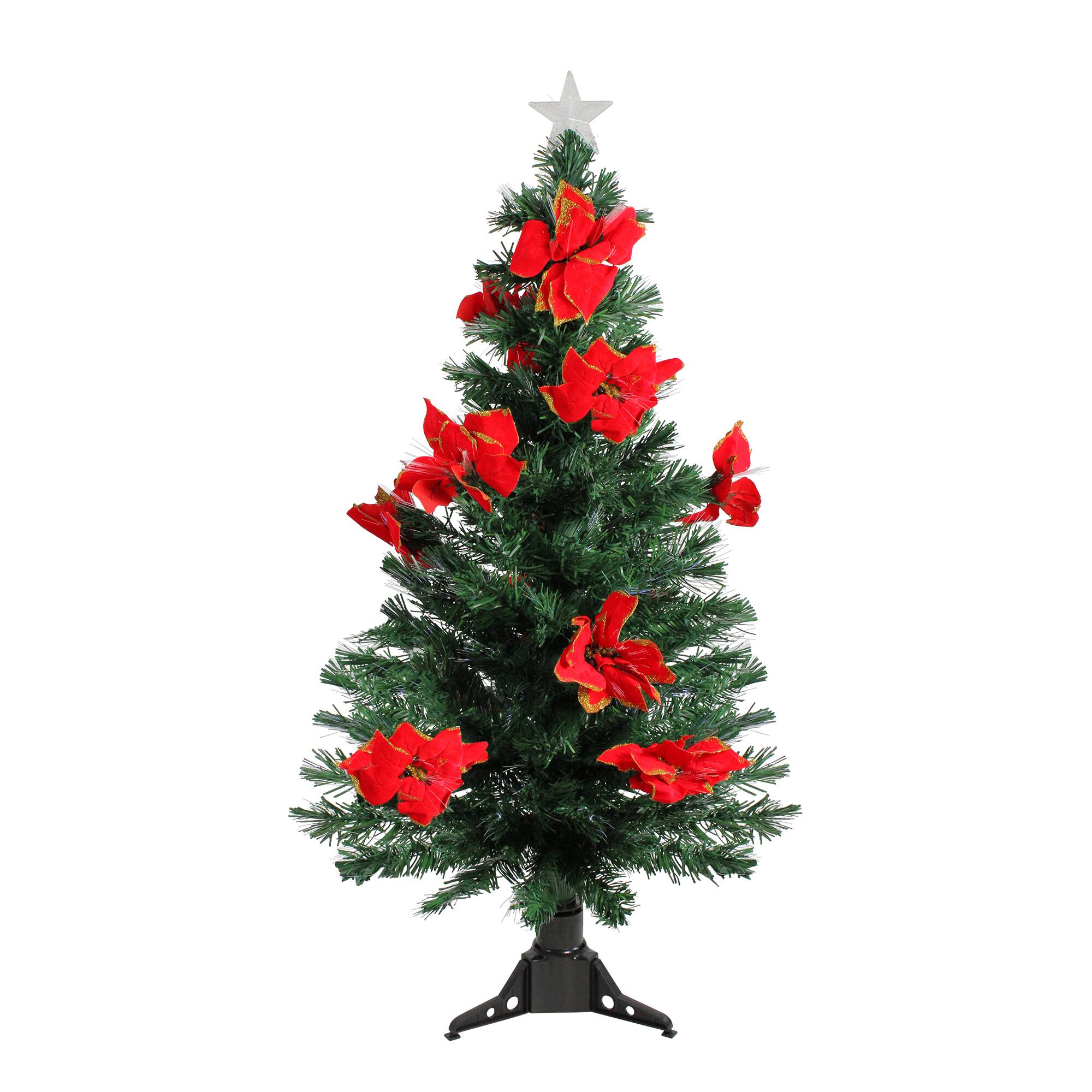 4ft. Fiber Optic Color Changing Artificial Christmas Tree with Red Poinsettias & Star