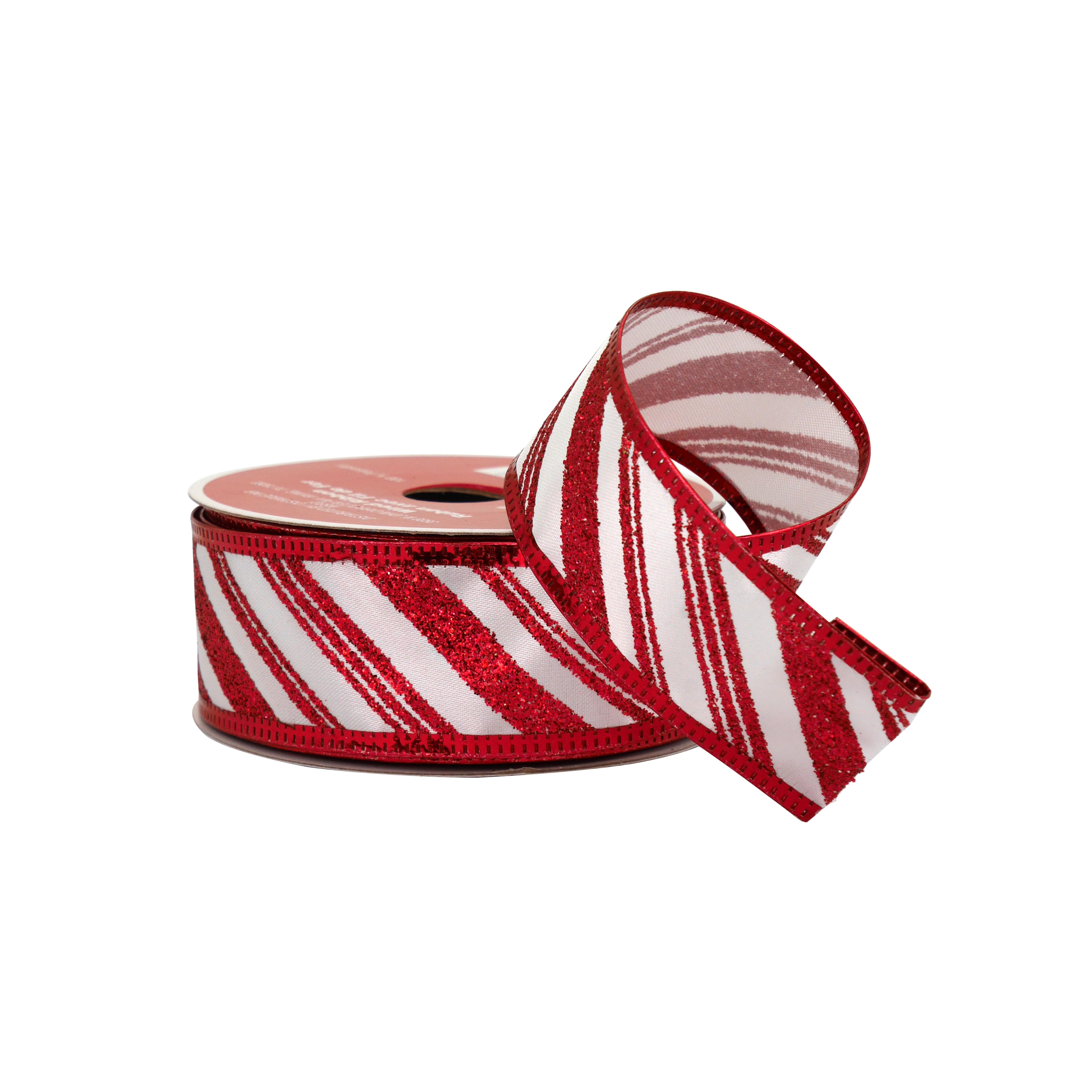 1.5&#x22; x 30ft. White &#x26; Red Glitter Diagonal Stripes Wired Ribbon by Celebrate It&#xAE;