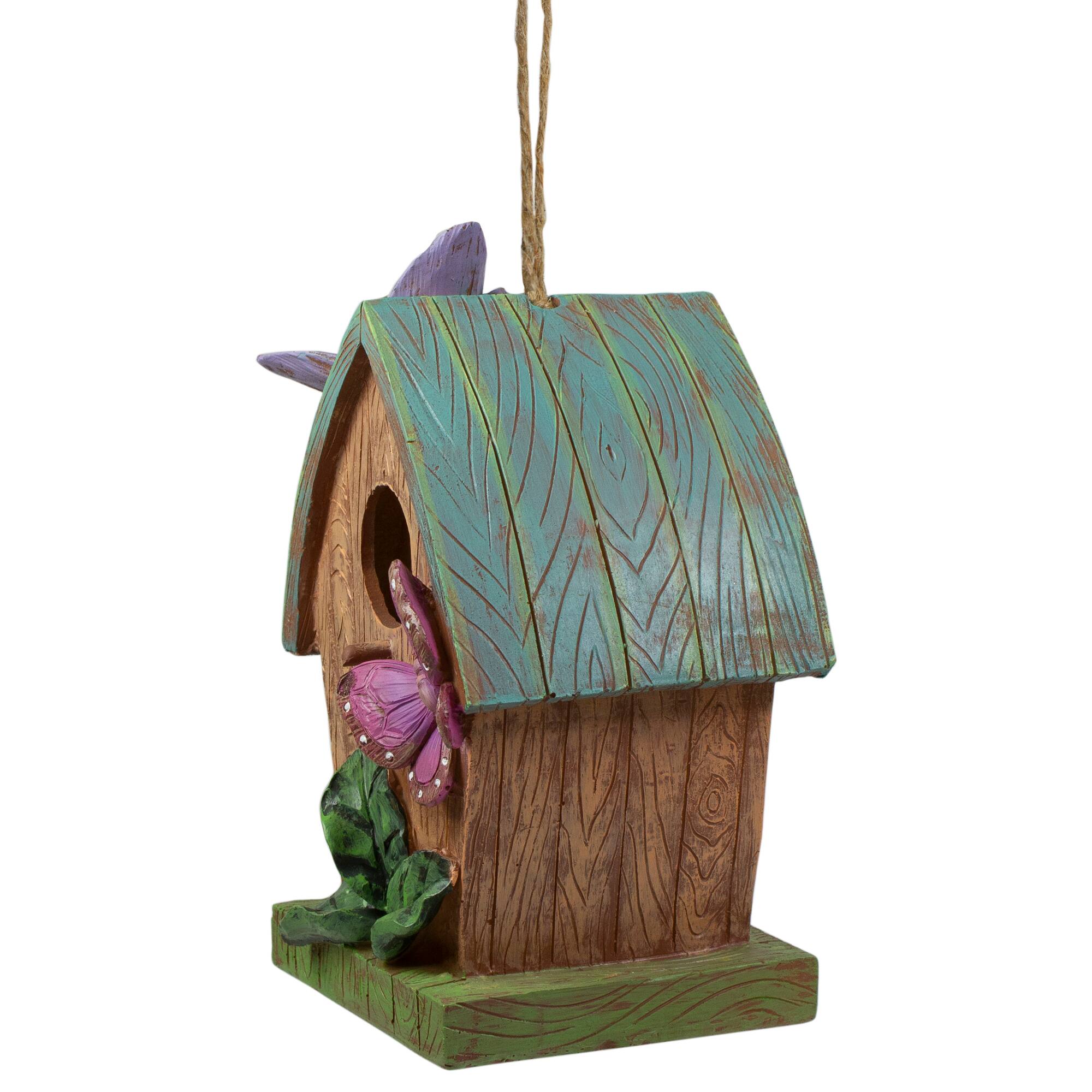 10" Brown & Green Hanging Birdhouse With Butterflies Outdoor Garden Décor
