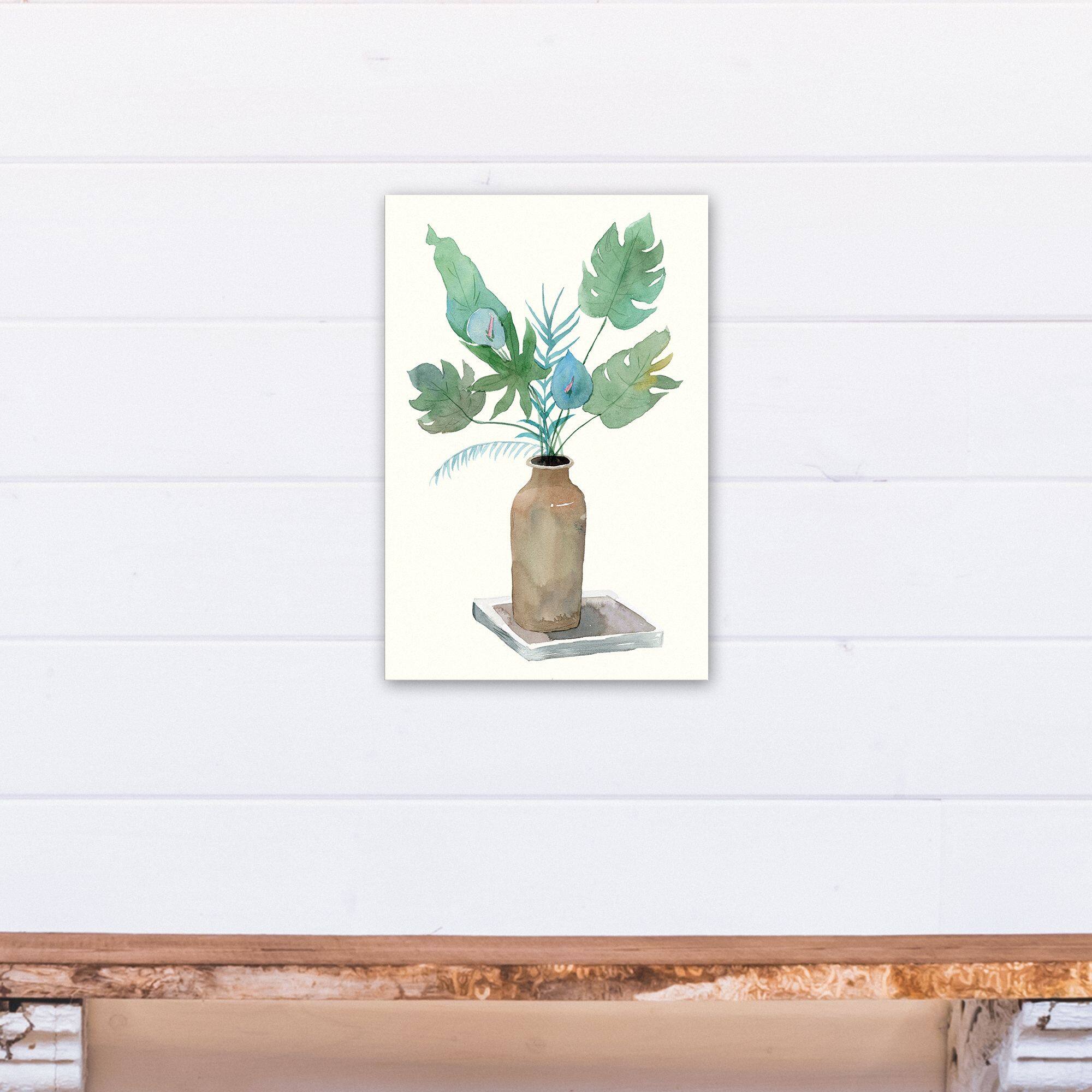 Brown Vase Tropical Leaves 12" x 18" Canvas Wall Art