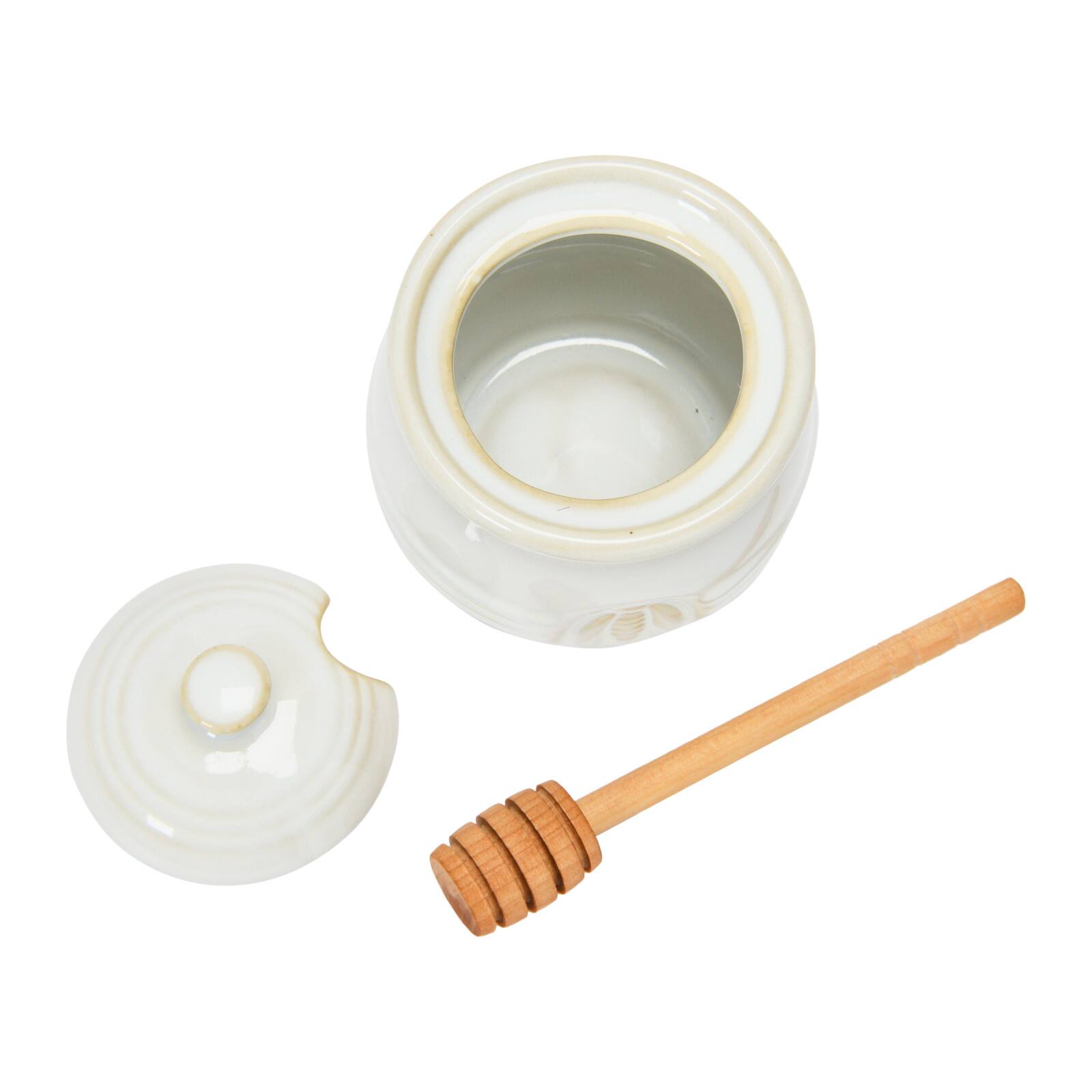Hello Honey® 3.5" White Ceramic Honey Bee Pot & Wood Dipper