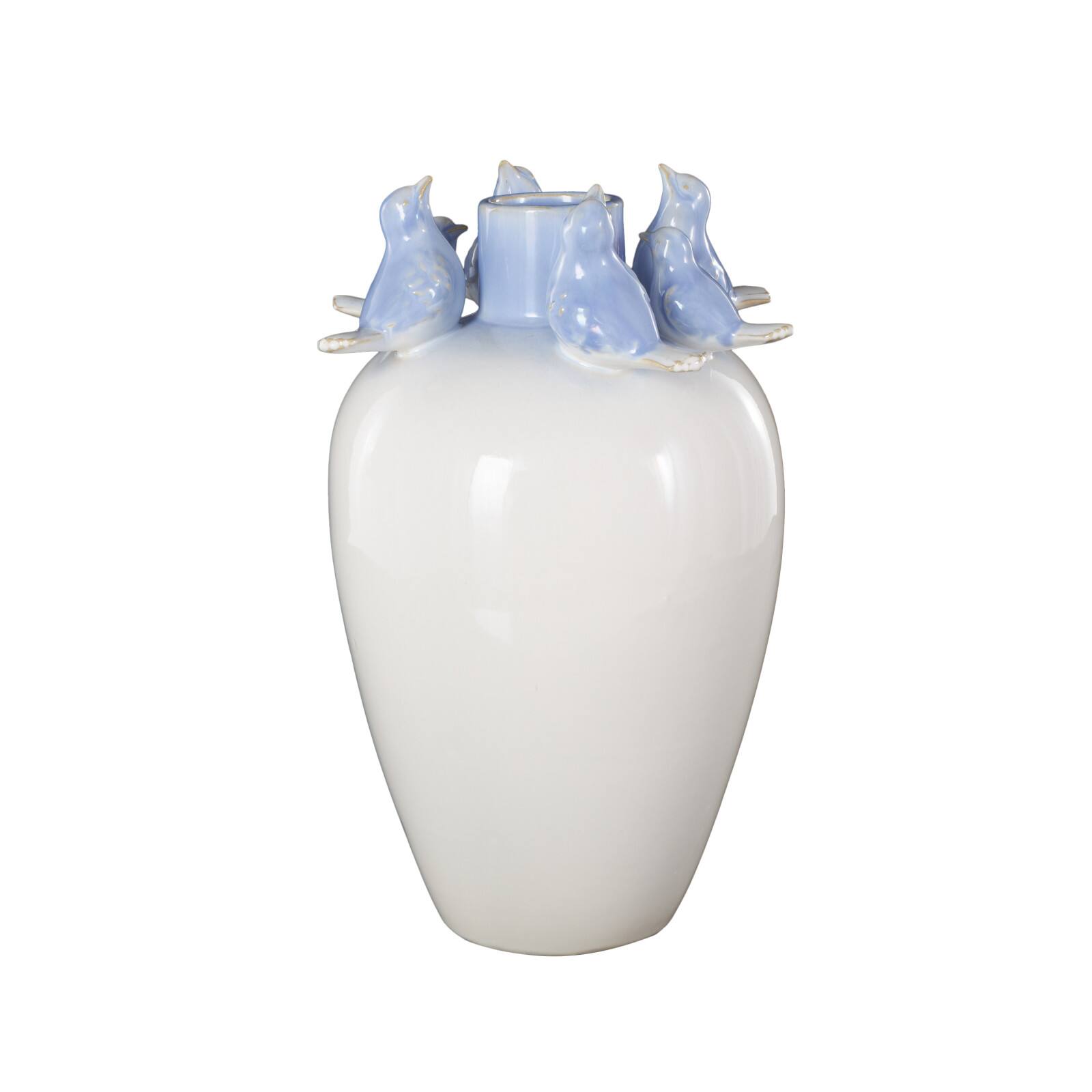 13&#x22; White Ceramic Bird Decorative Vase with Blue Accents