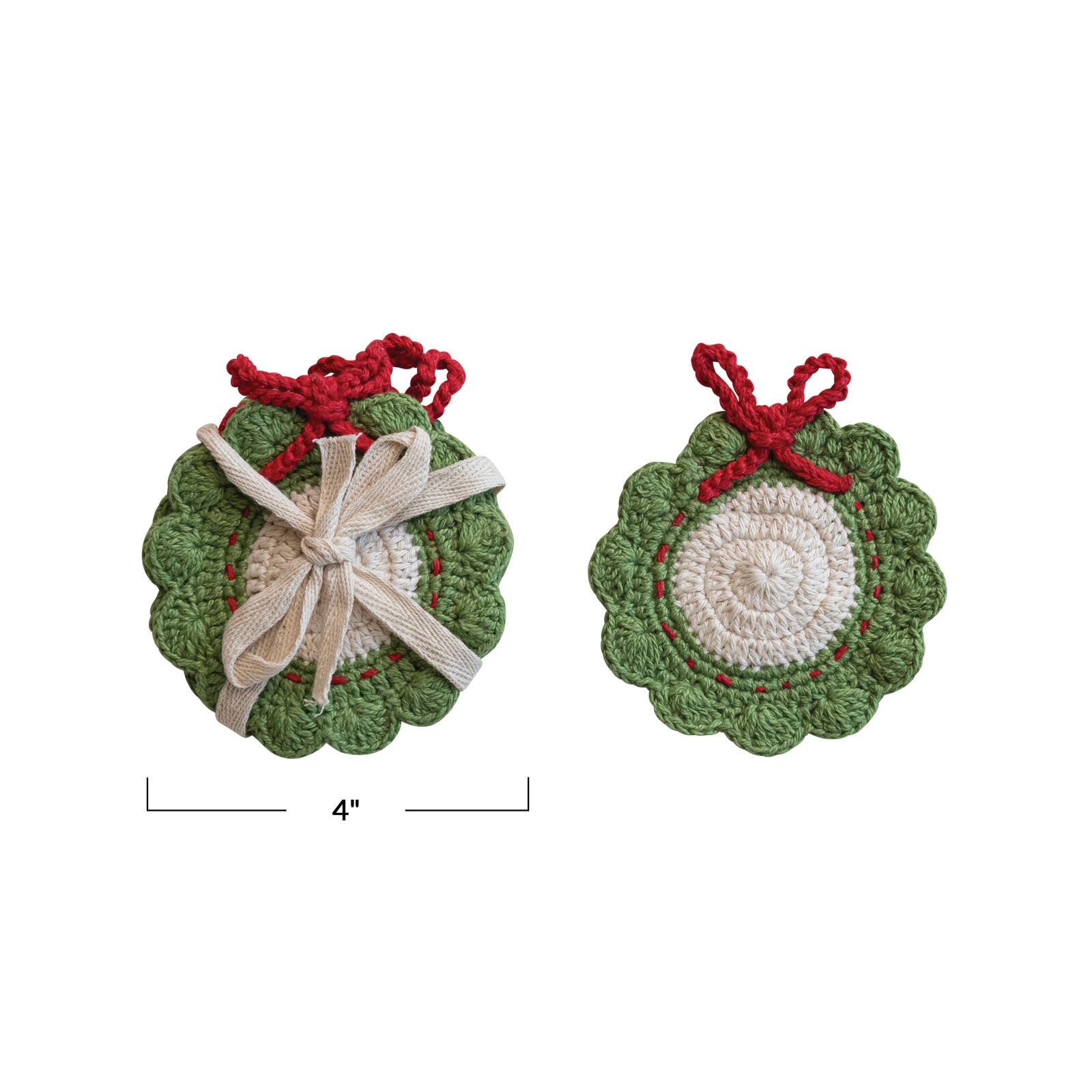 Hello Honey&#xAE; 4&#x22; Green, Red &#x26; White Wreath Crocheted Cotton Coasters, 4ct.