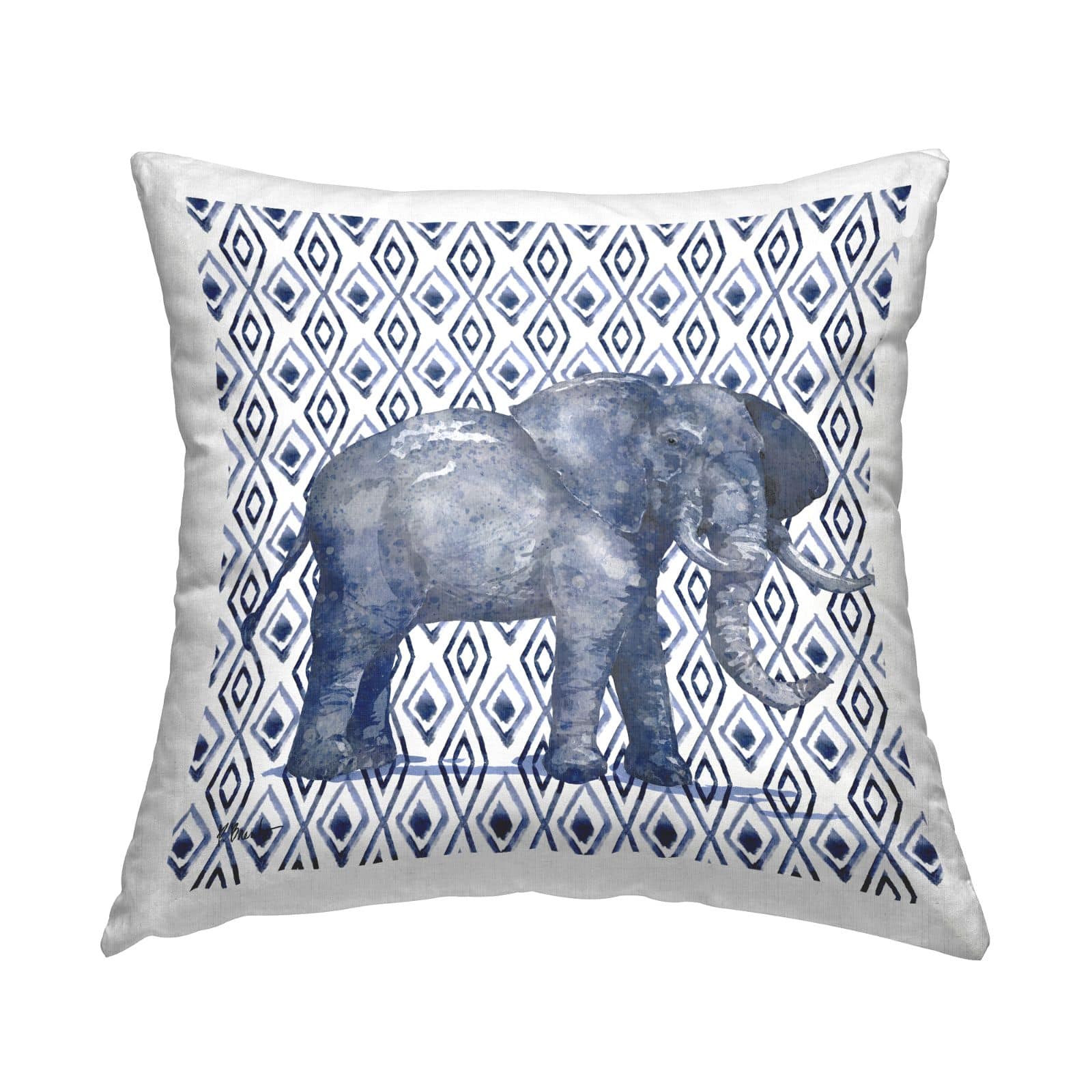 Stupell Industries Blue Elephant Geometric Diamond Pattern Throw Pillow, 18" x 18"