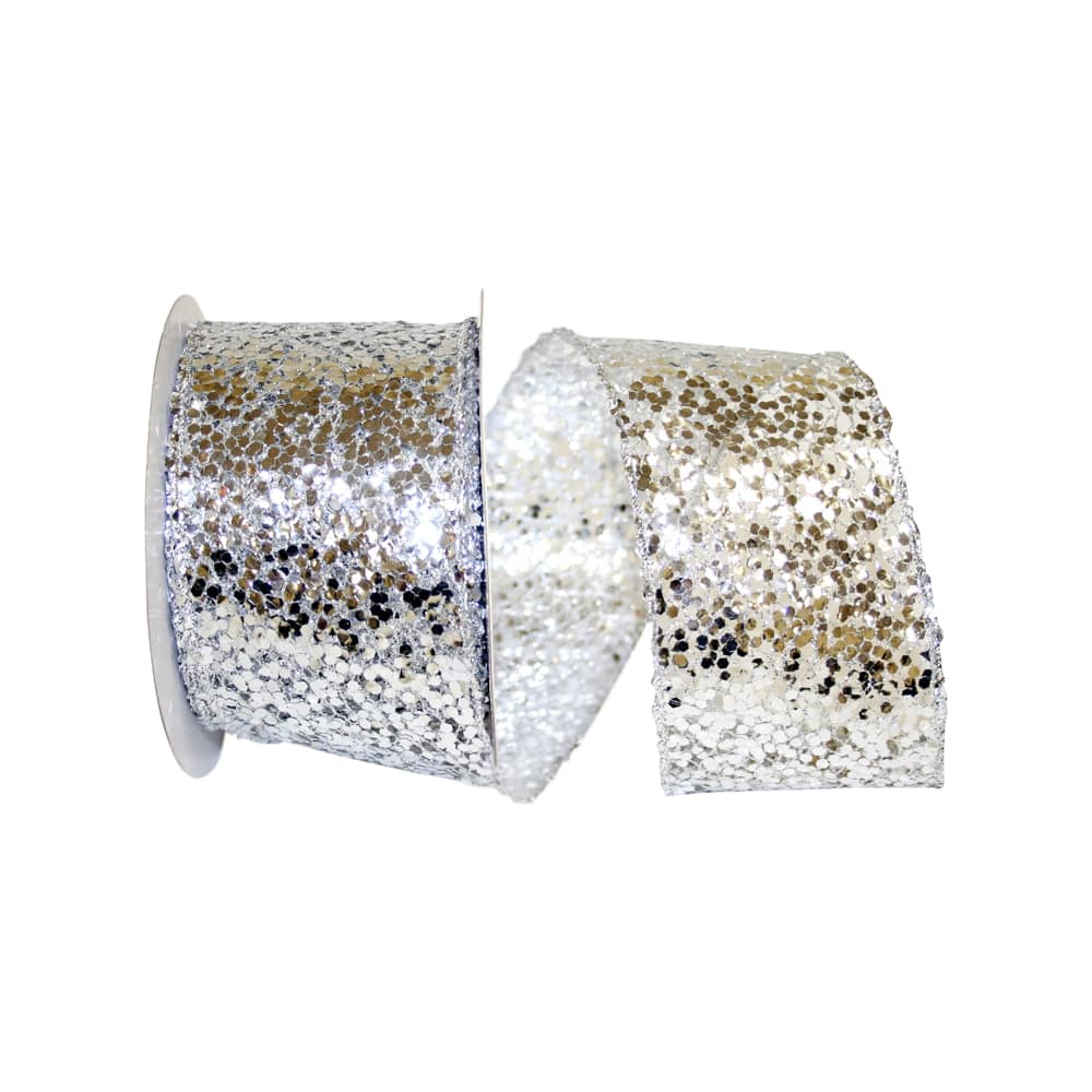 Reliant 2.5&#x22; x 10yd. Silver Sequin Glitter Wired Web Mesh Ribbon