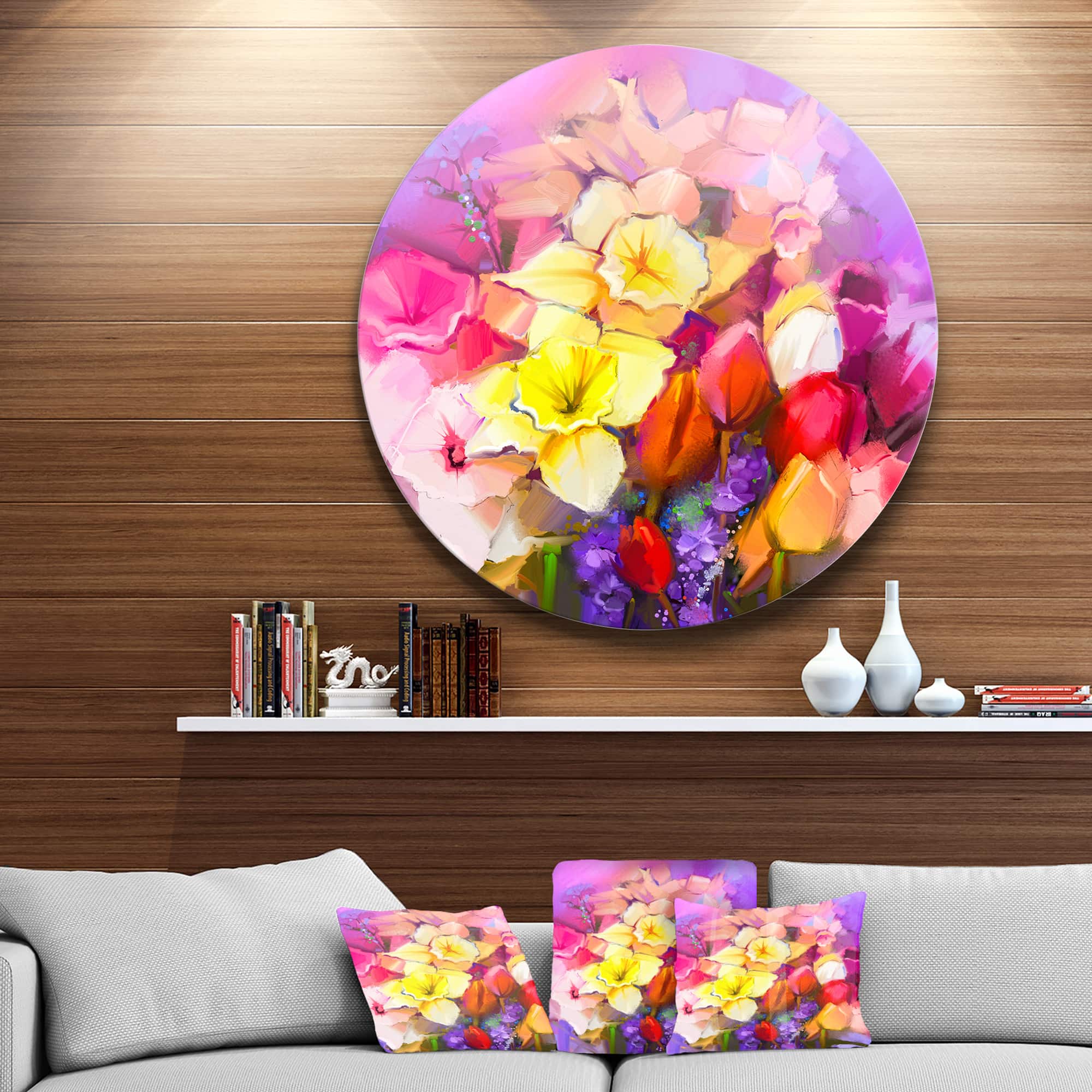 Designart - Bouquet of Daffodil and Tulip Flowers&#x27; Large Floral Metal Circle Wall Art