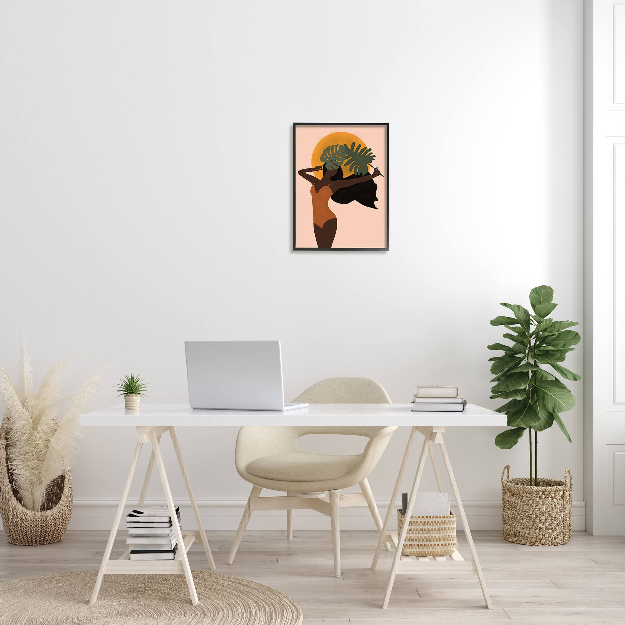 Stupell Industries Female Holding Tropical Monstera Leaf under Sun in Black Frame Wall Art