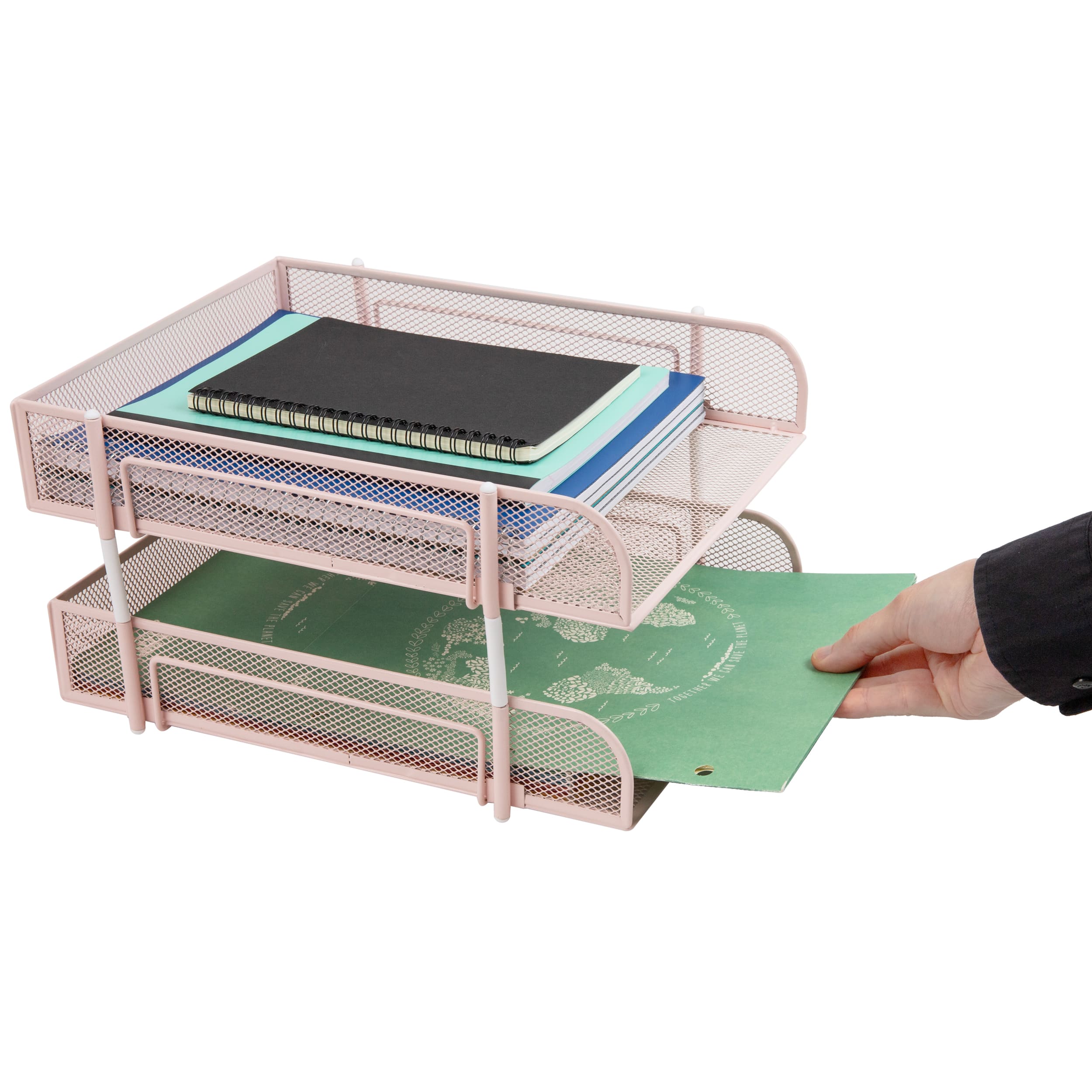 Mind Reader Stackable Paper Tray, Desktop Organizer, File Storage, Office, Metal Mesh, 10.5"L x 13.25"W x 7.5"H, 2 Pcs, Pink