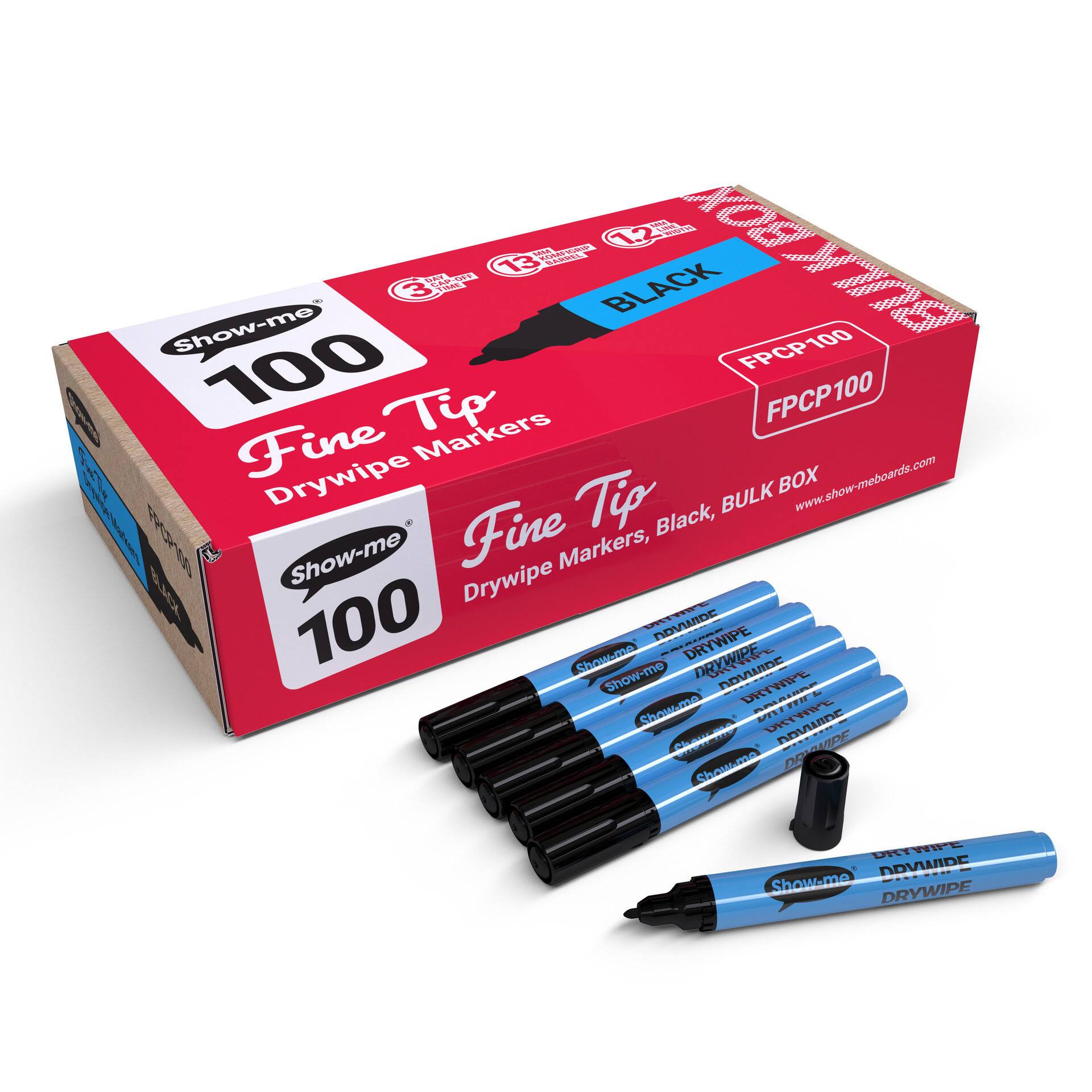 Show-me® Black Fine Tip Drywipe Markers, 100ct.