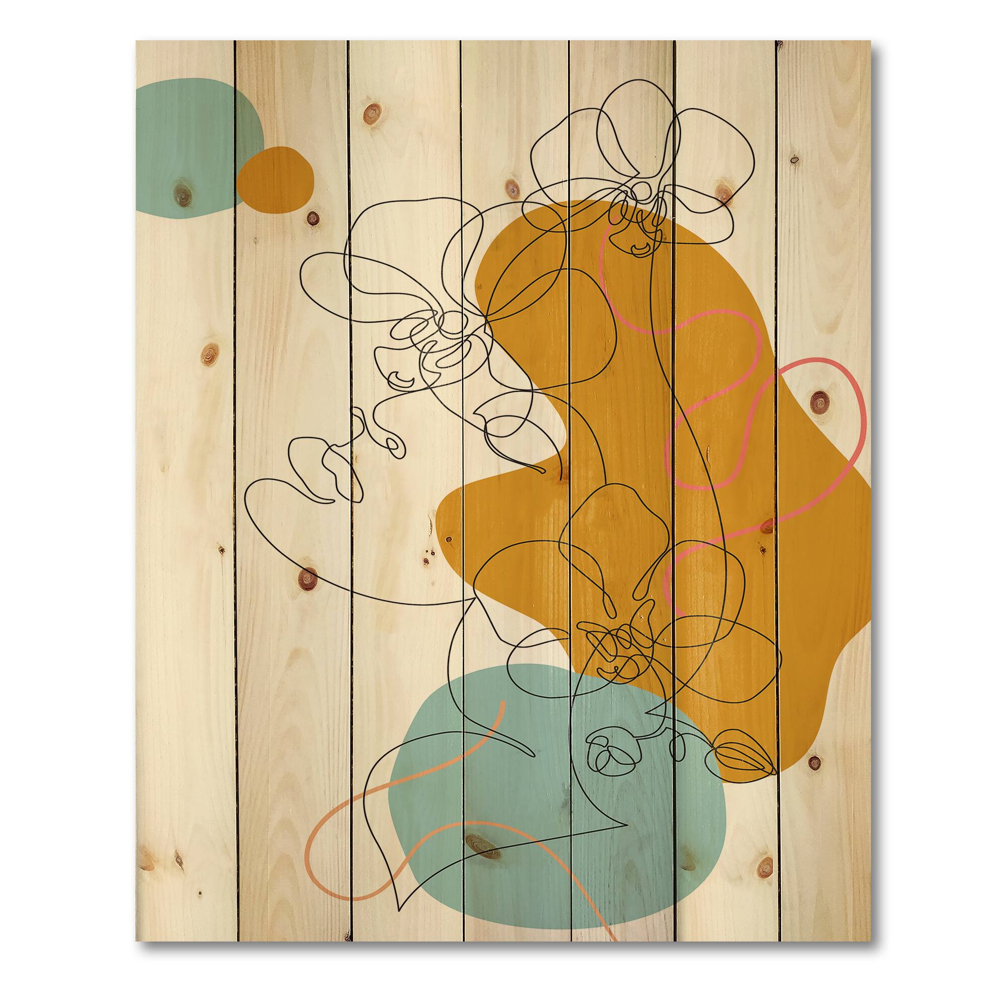Designart - Beautiful Woman One Line Drawing - Modern Print on Natural Pine Wood