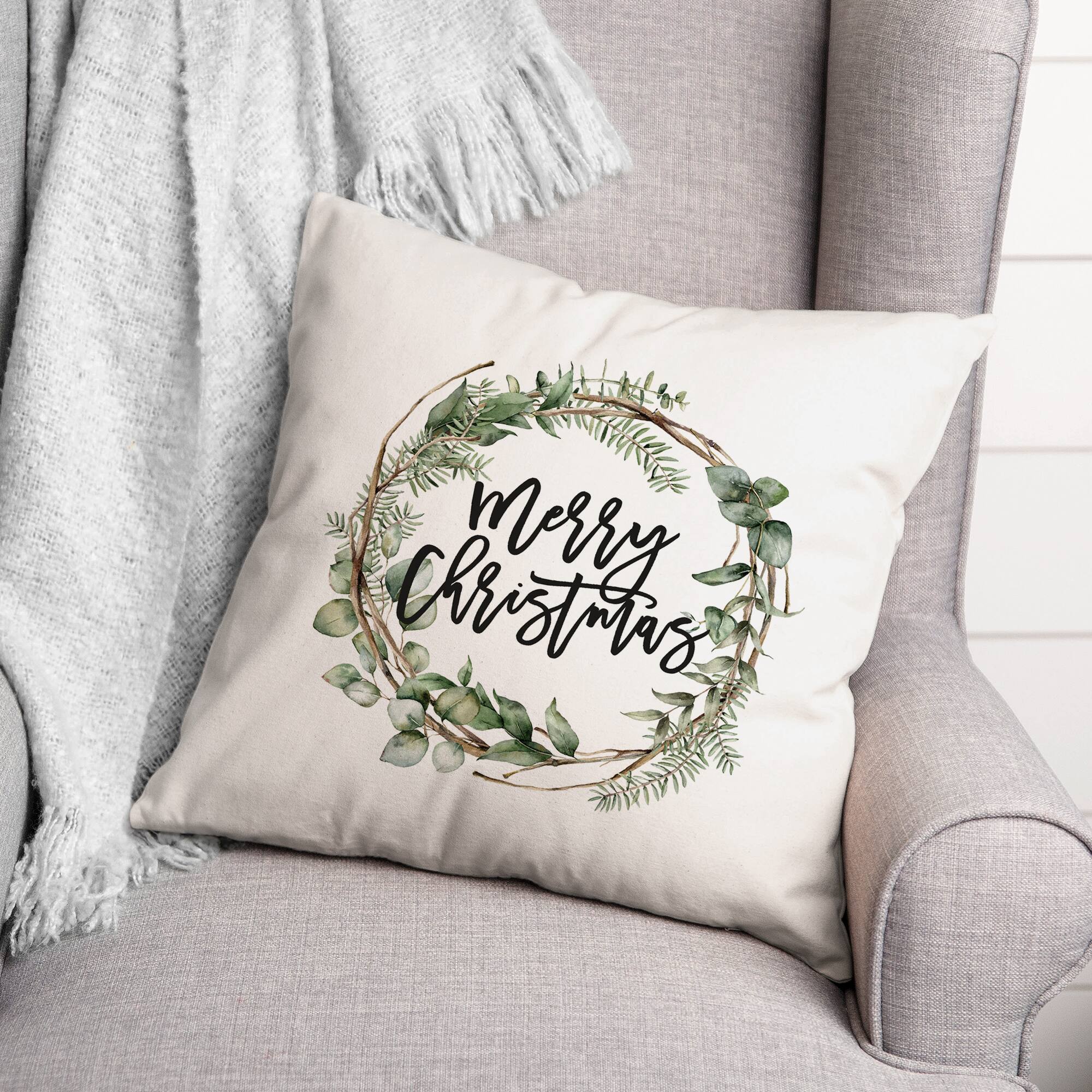 Merry Christmas Wreath Throw Pillow