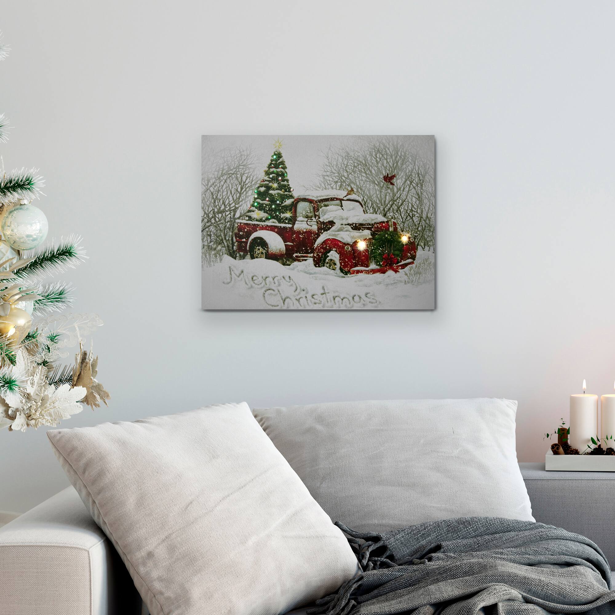 LED Lighted Truck &#x26; Tree Christmas Canvas Wall Art