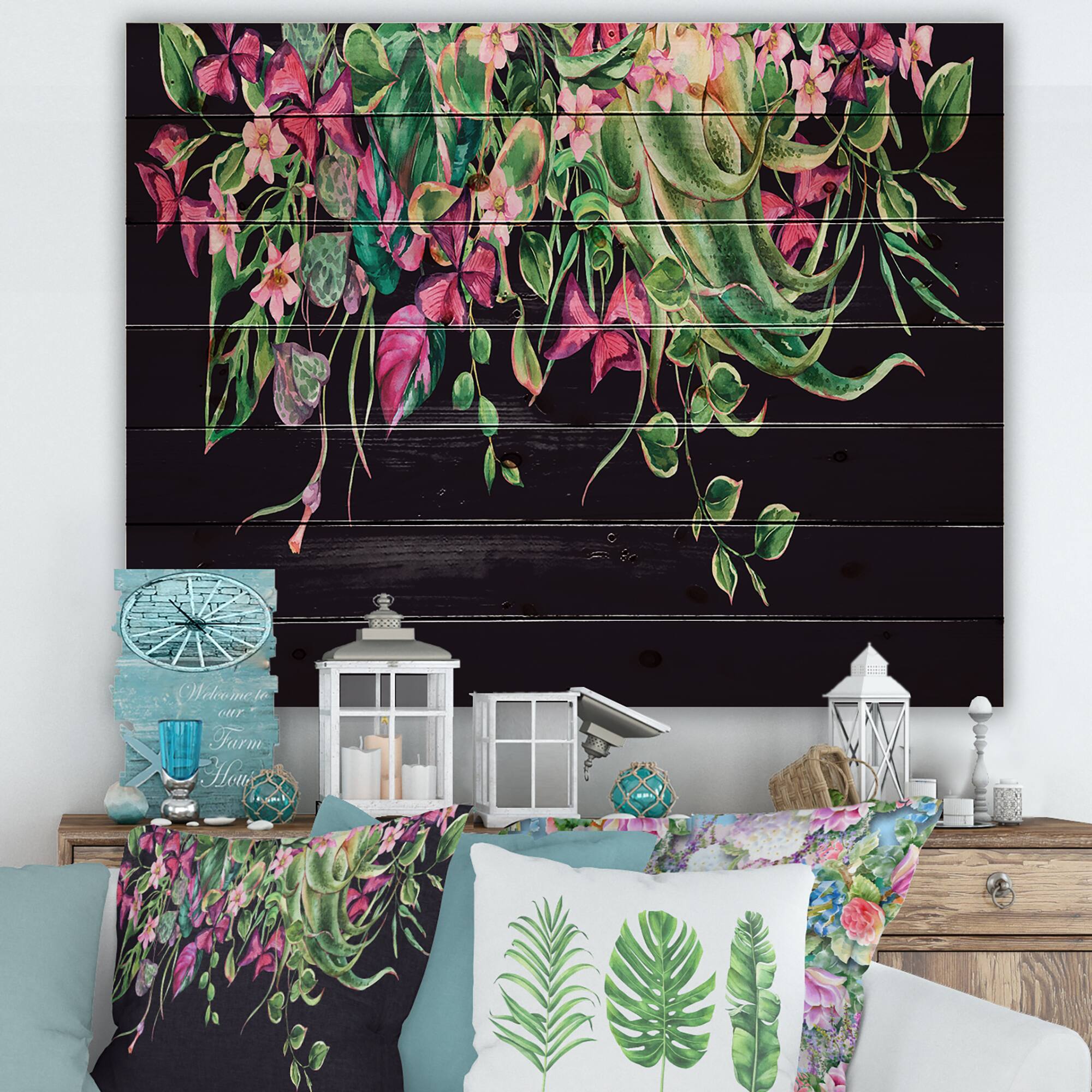 Designart - Floral Tropical Leaves Om Black - Farmhouse Print on Natural Pine Wood