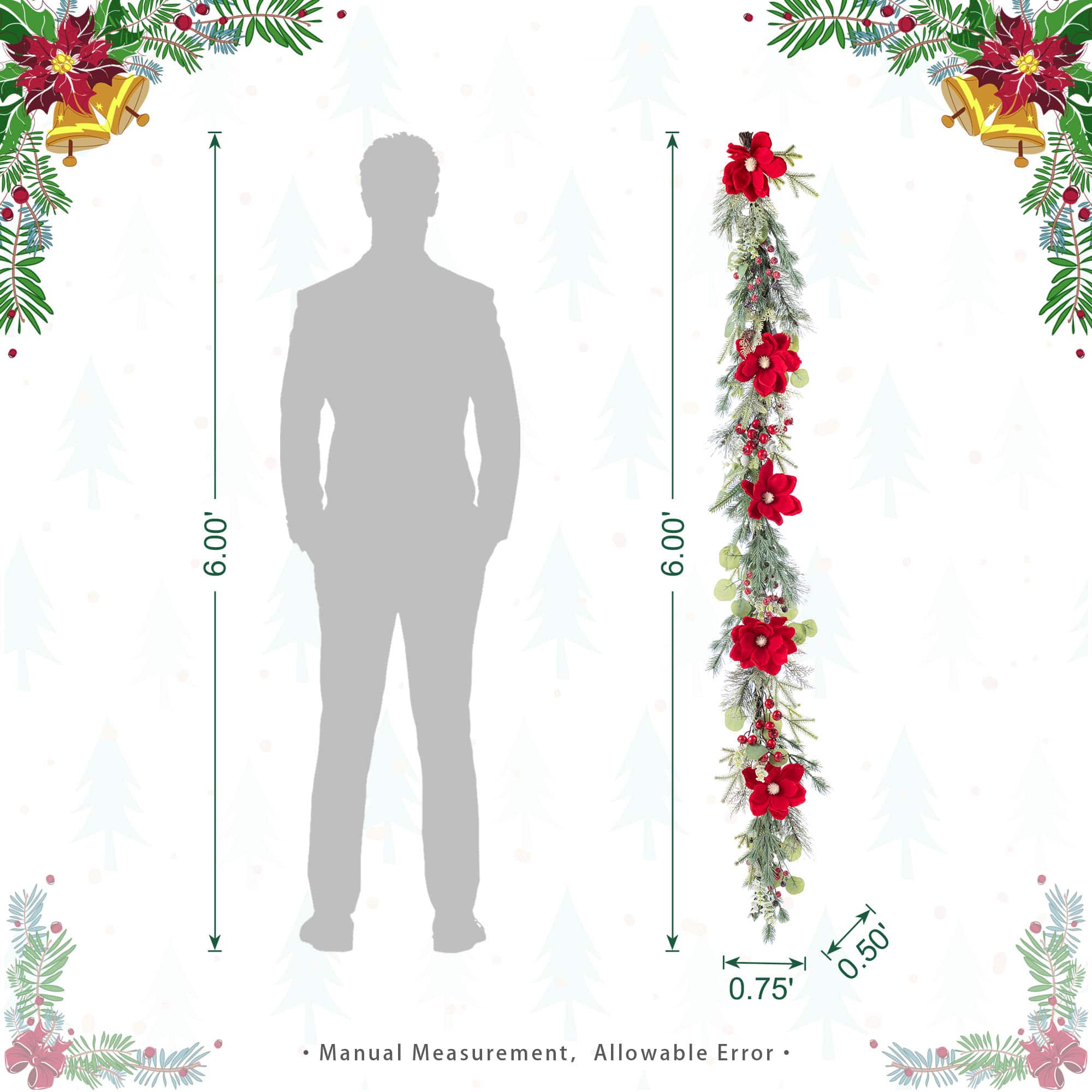 Glitzhome® 6FT Christmas Red Mangnolia & Berry Garland
