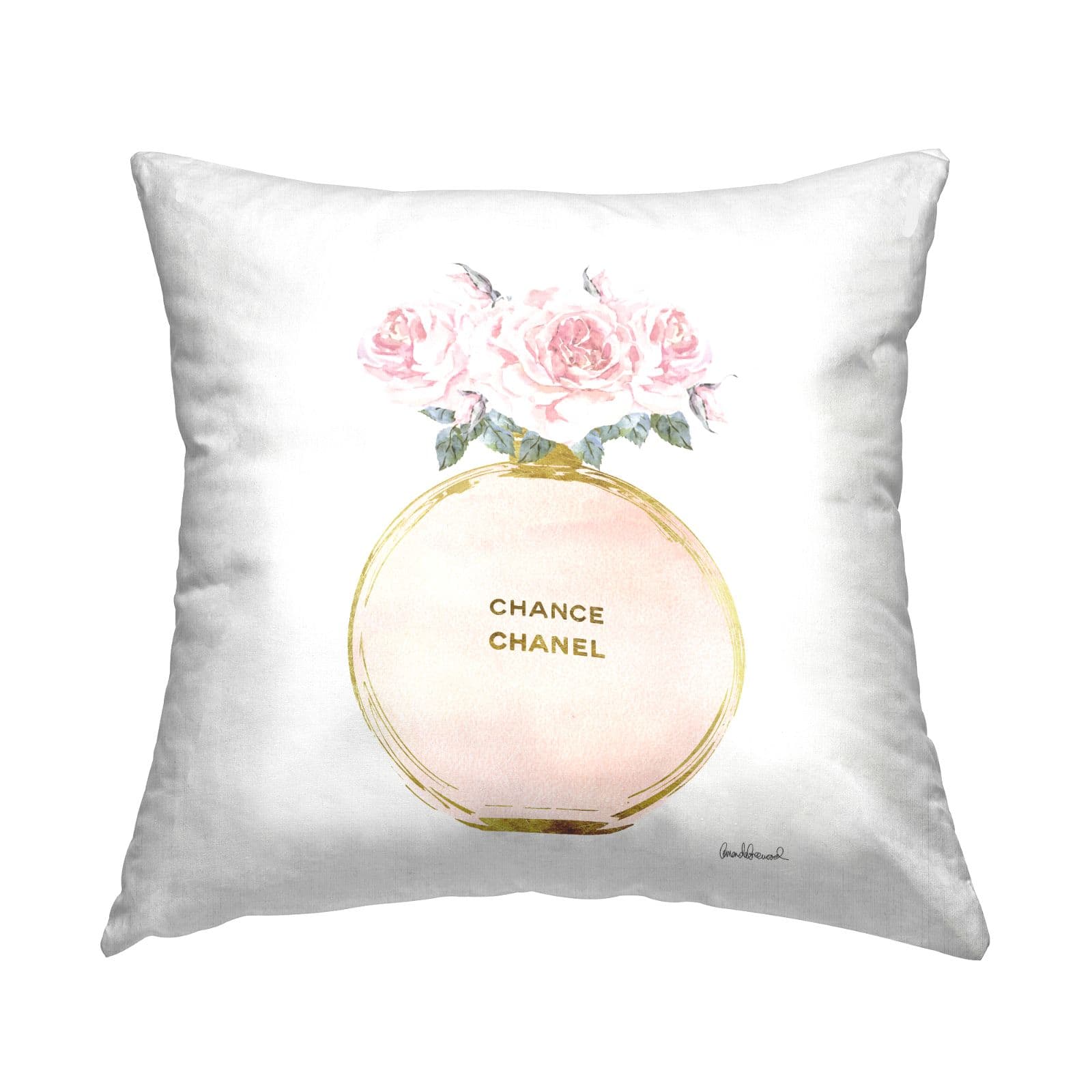 Stupell Industries Pink and Gold Round Perfume Bottle with Roses Throw Pillow 18" x 18"