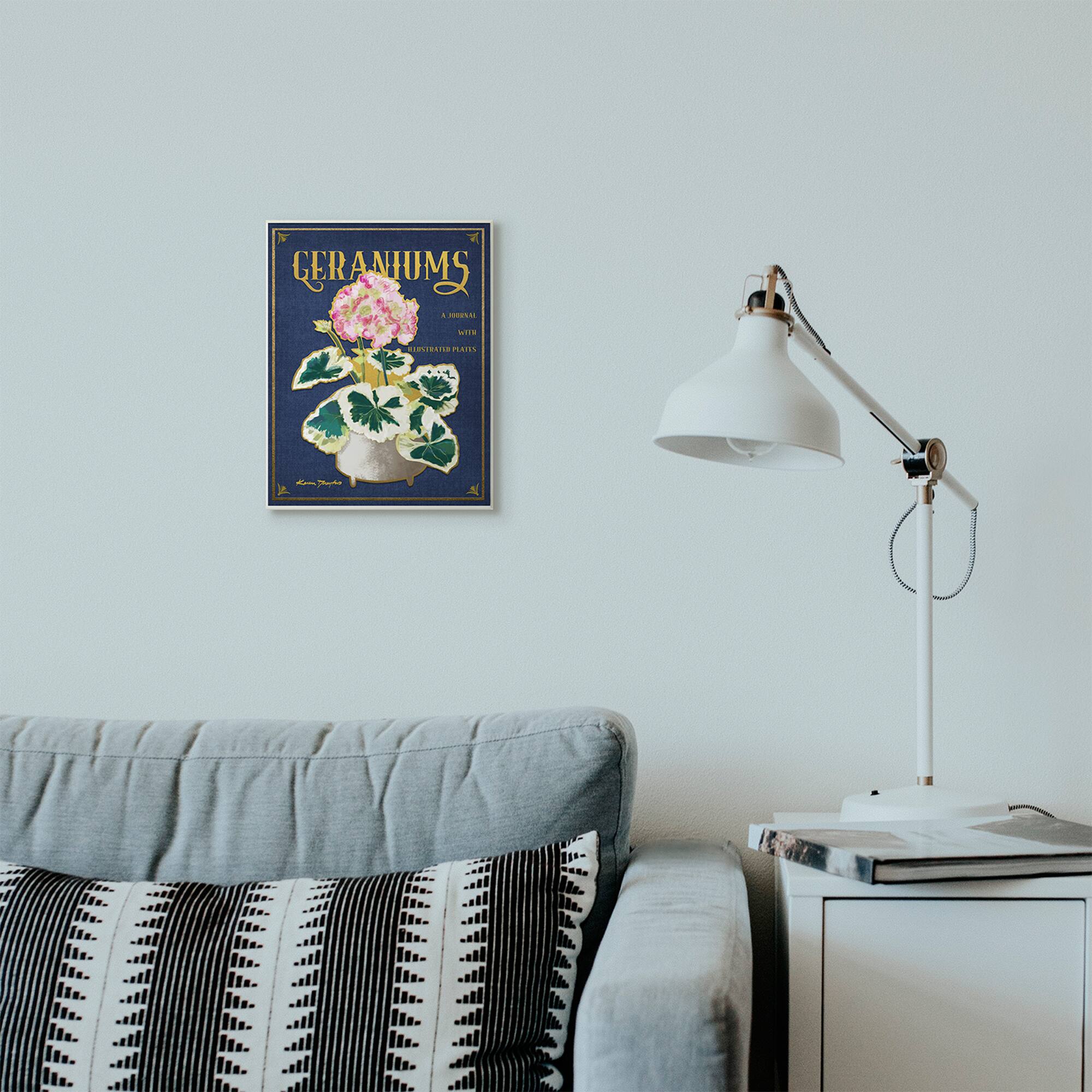 Stupell Industries Geraniums Blue Gold Flower Word Design Wall Plaque